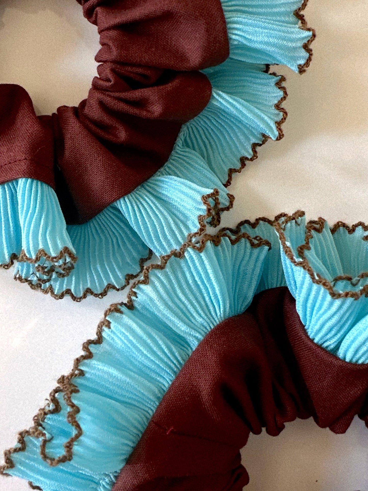 Handmade XL Chocolate Brown Scrunchie with Blue and Brown Frill Trim