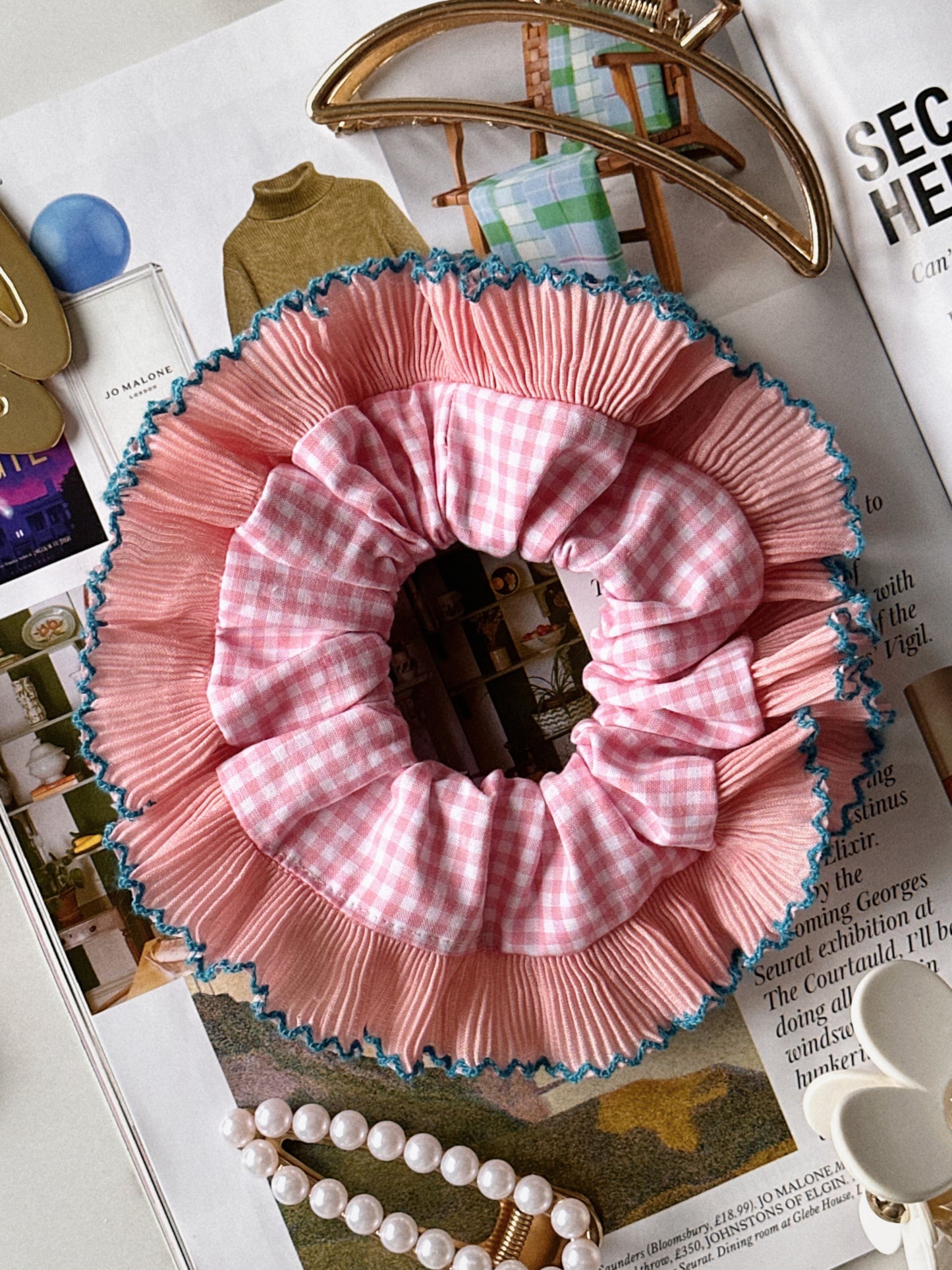 XL Pink Gingham Scrunchie with Pink and Blue Frill Trim