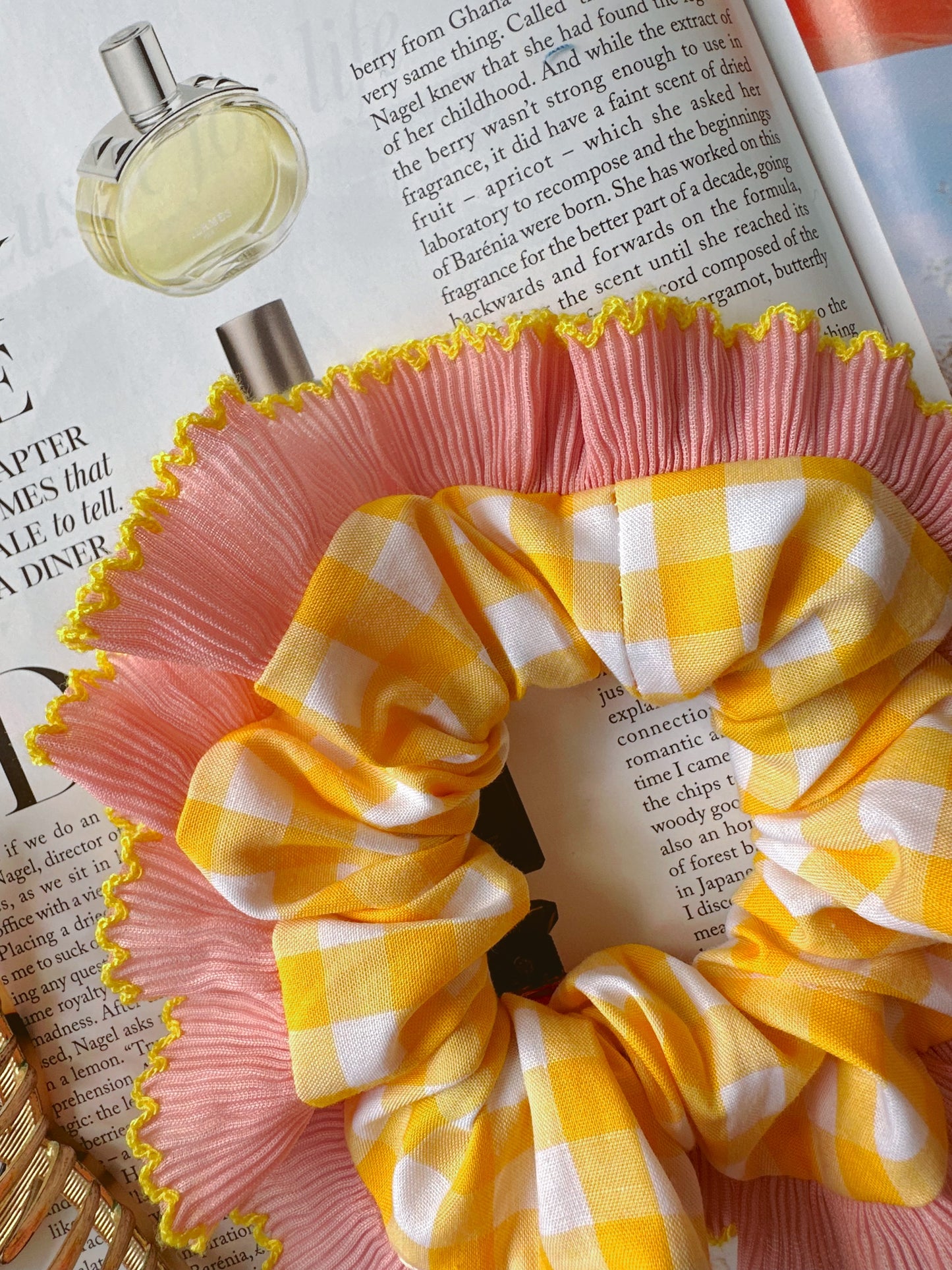 Handmade XL Yellow Gingham Scrunchie with Pink and Yellow Frill Trim
