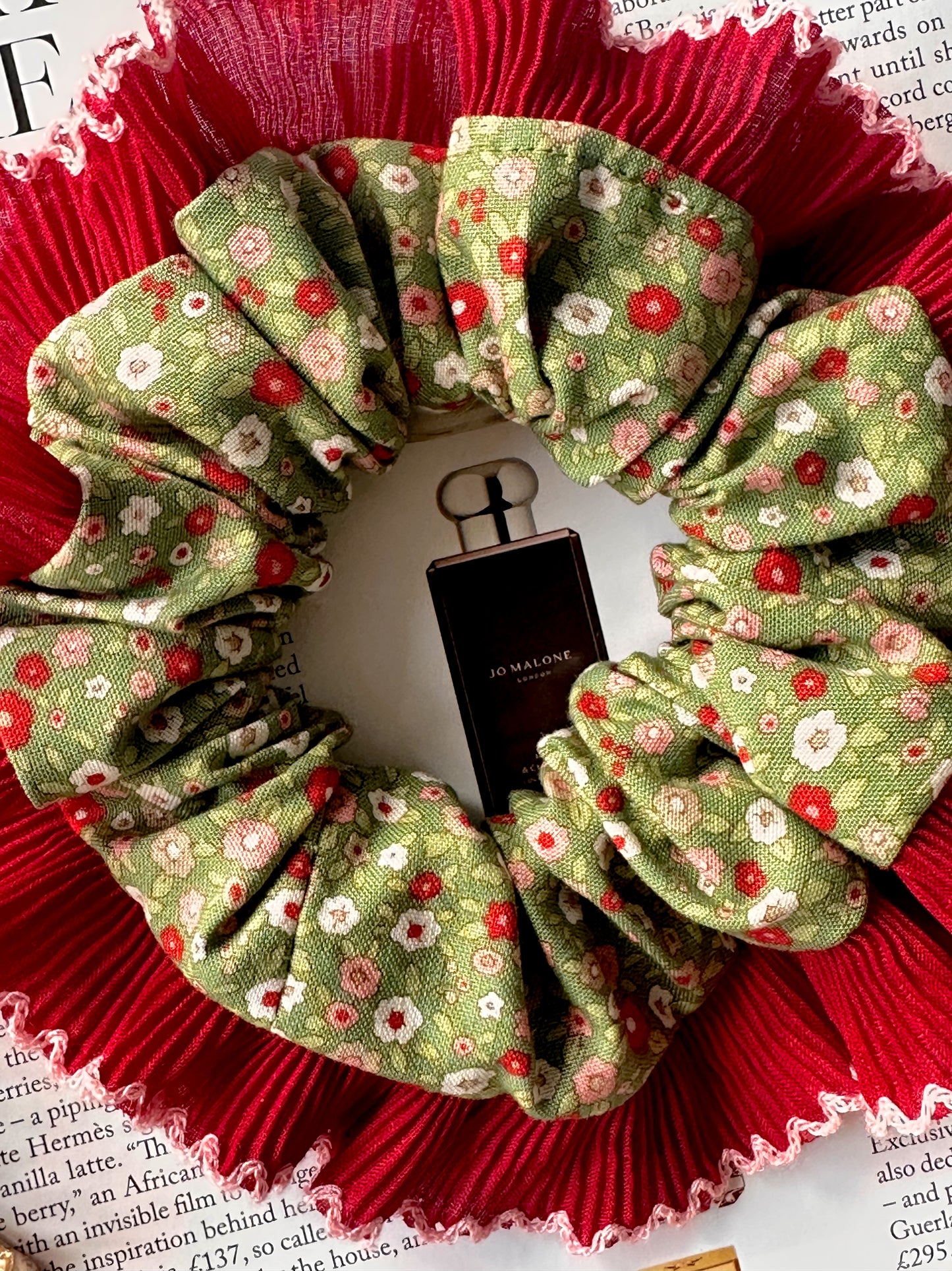 Handmade XL Dark Green Ditsy Floral Scrunchie with Red Frill Trim