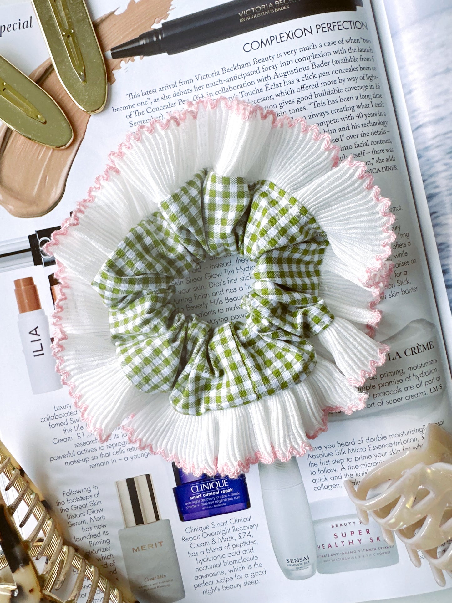 Mini Oversized Olive Green Gingham Scrunchie with White Frill Trim