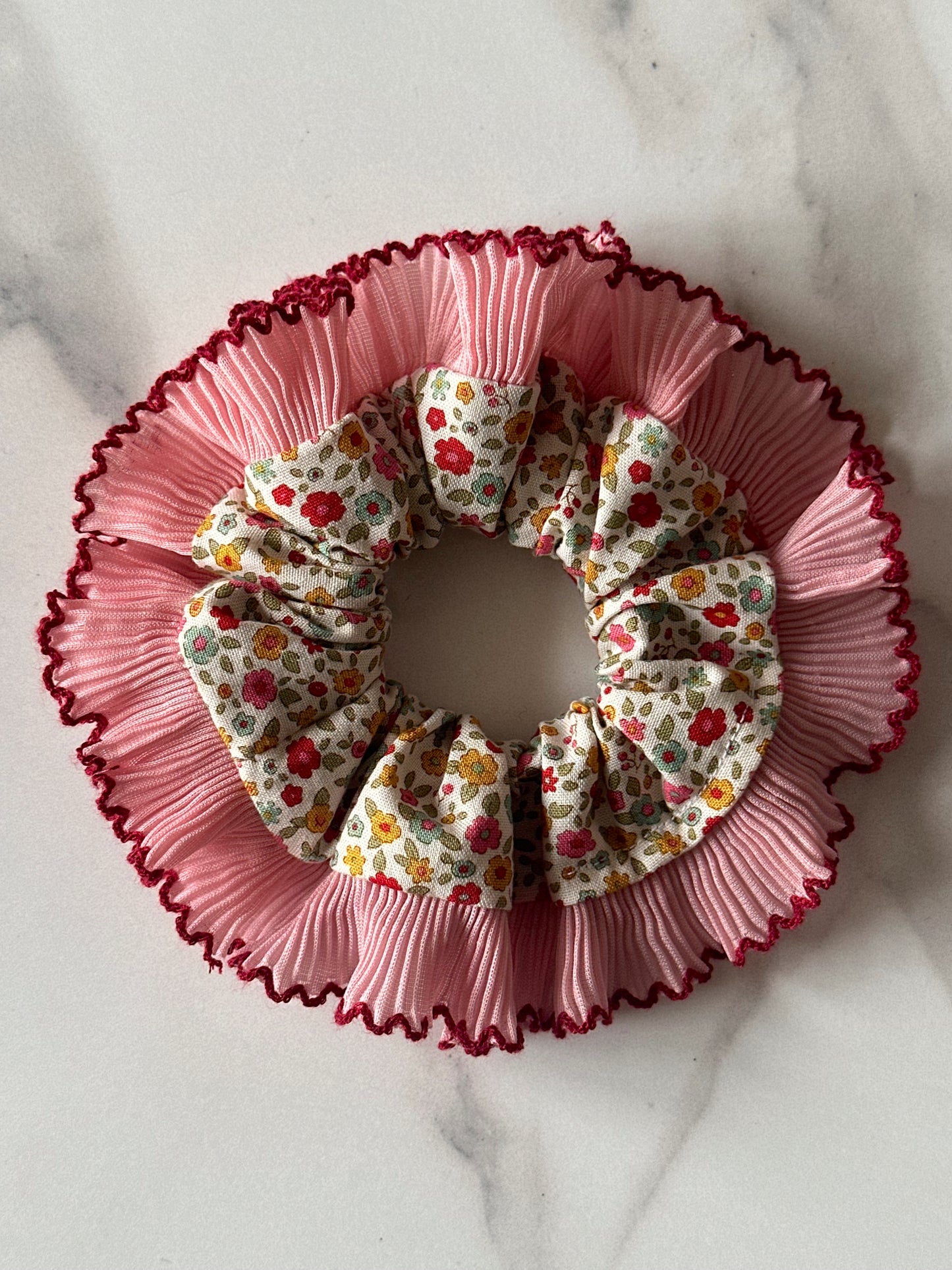 Mini Cream Floral Scrunchie with Pink Frill Trim