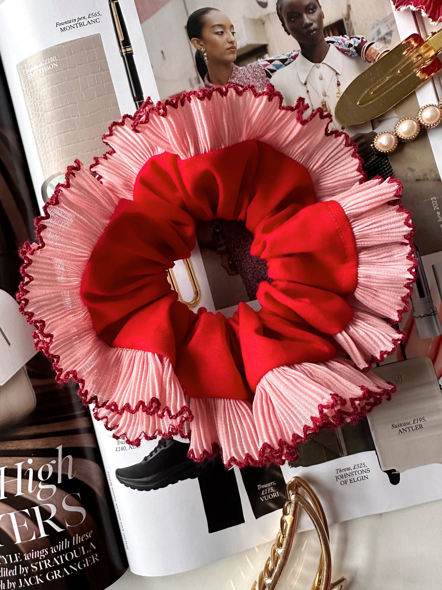 XL Red Scrunchie with Pink and Red Frill Trim
