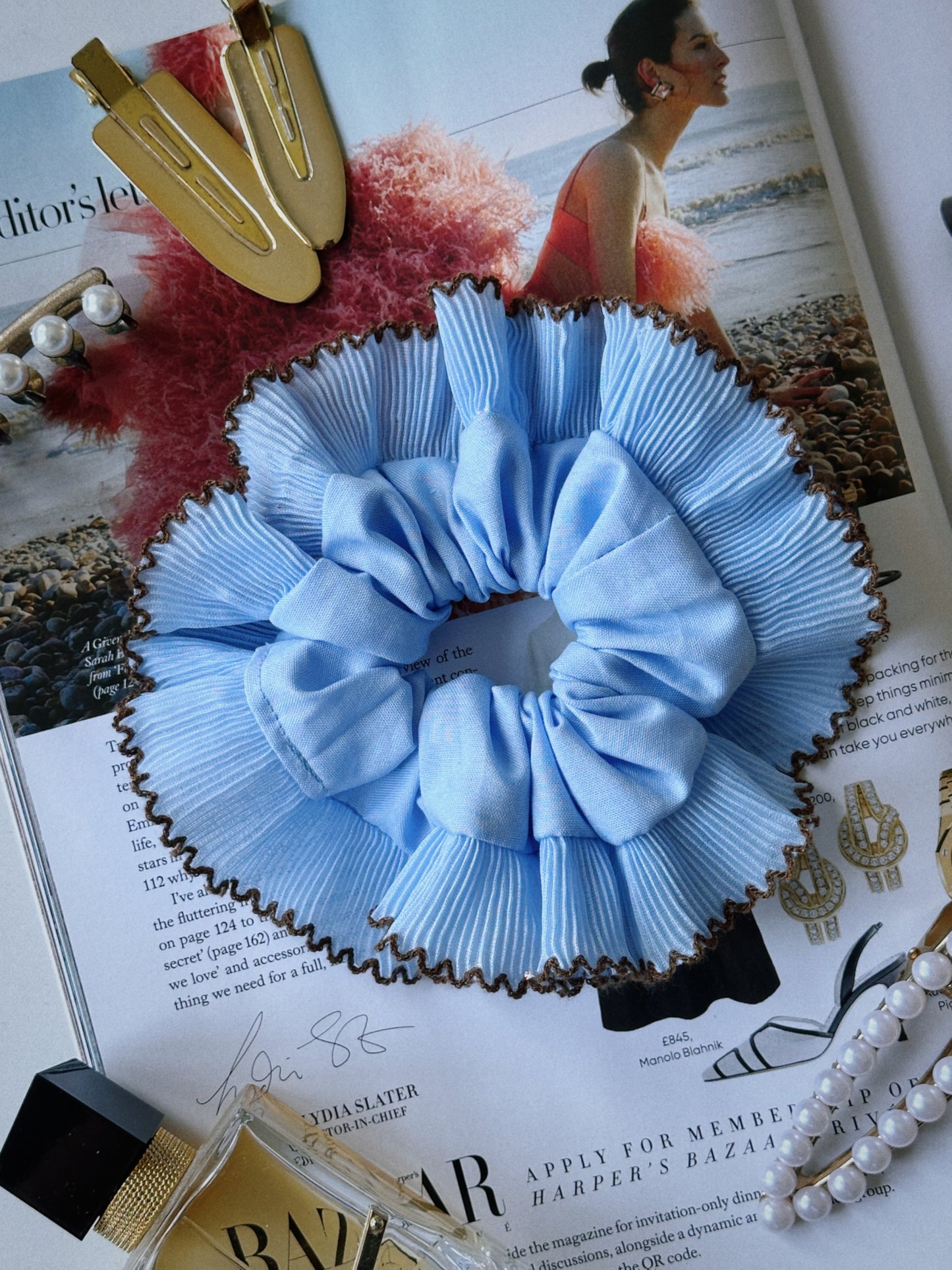 Oversized Light Blue Scrunchie with Baby Blue Frill Trim