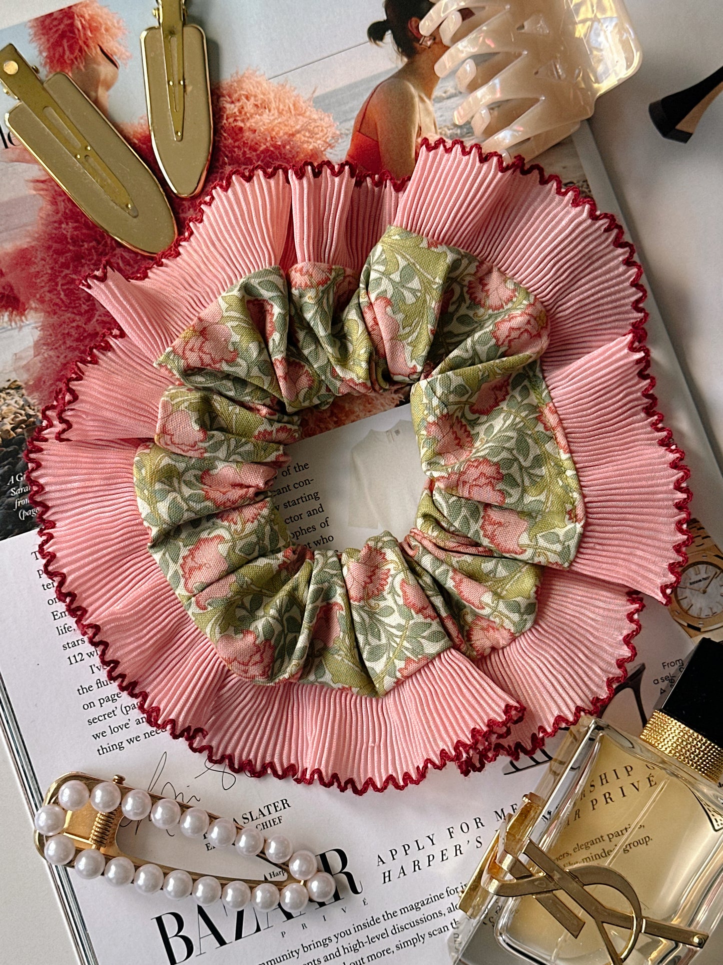 XL Victorian Floral Scrunchie with Pink and Red Frill Trim