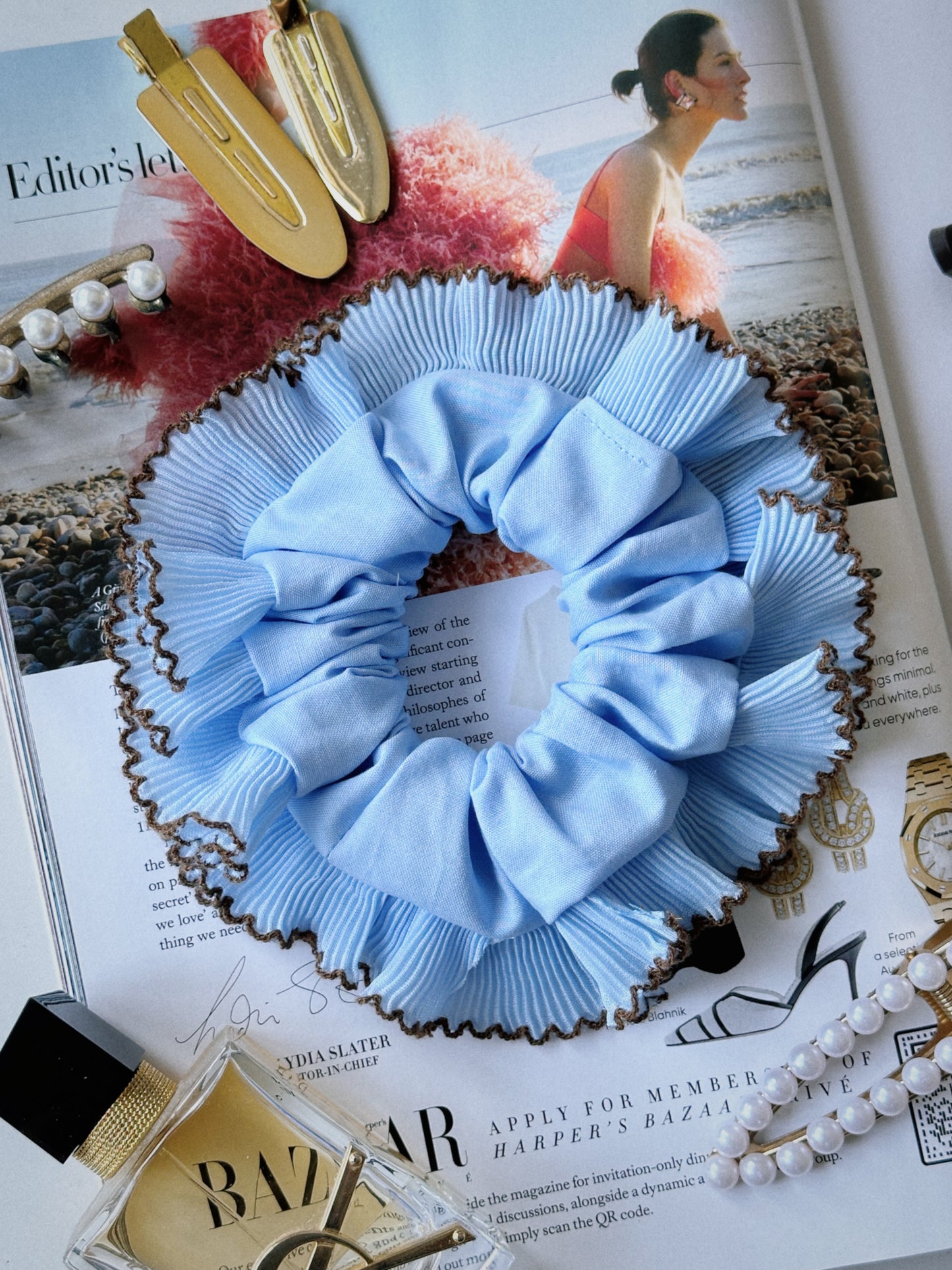 Oversized Light Blue Scrunchie with Baby Blue Frill Trim