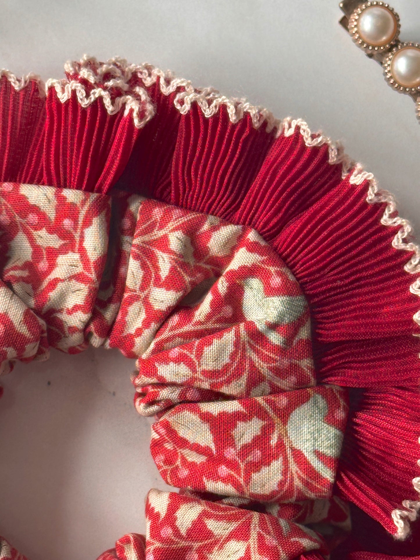 Red Christmas Print Scrunchie with Red and White Frill Trim