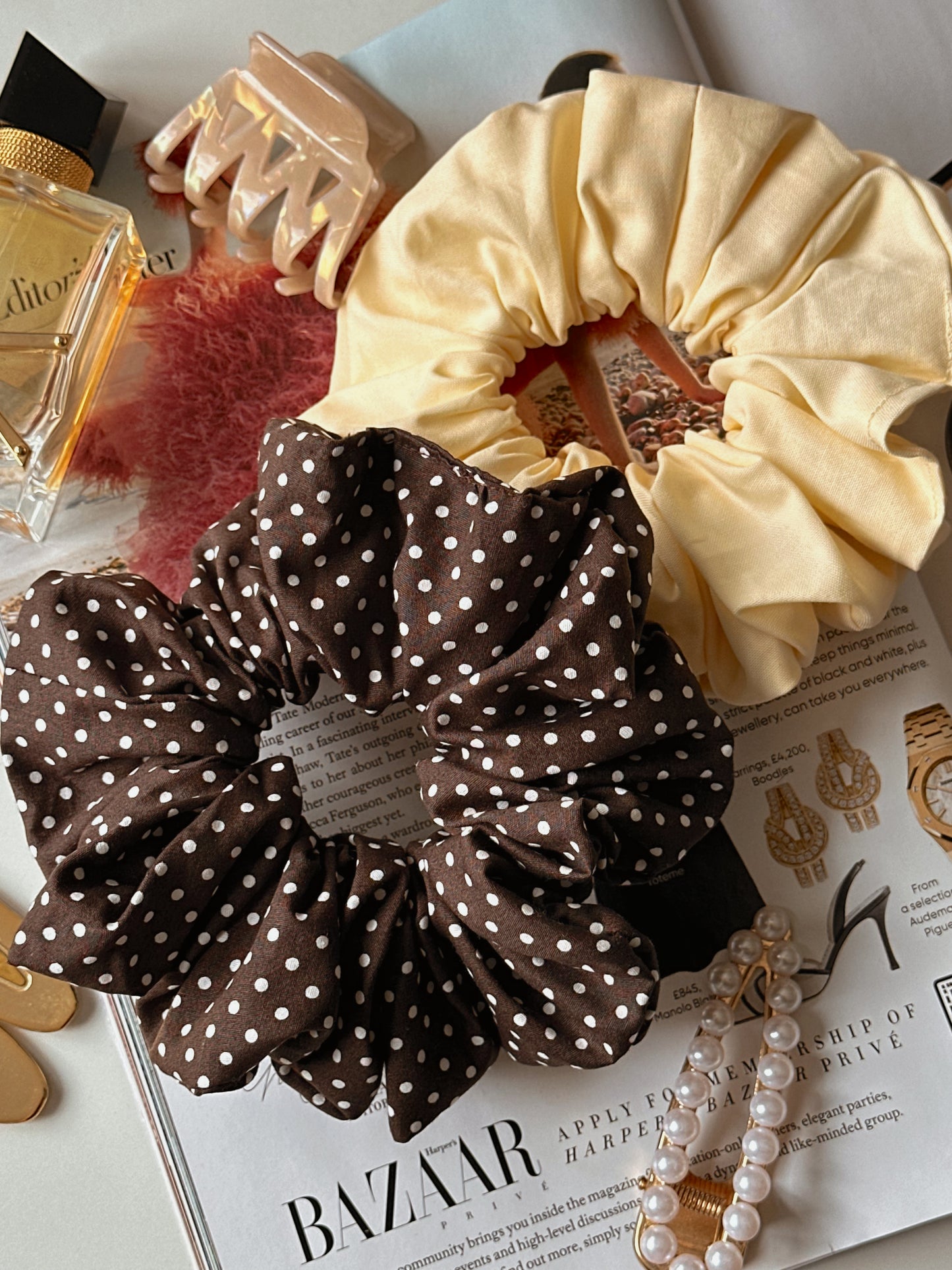 Brown Polkadot & Butter Yellow Scrunchie Duo