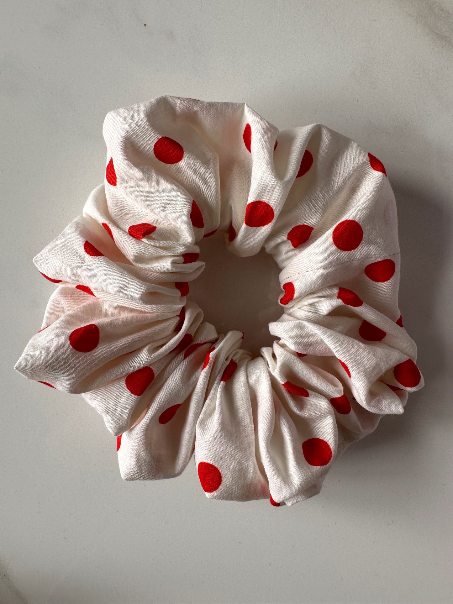 White and Red Polkadot Scrunchie