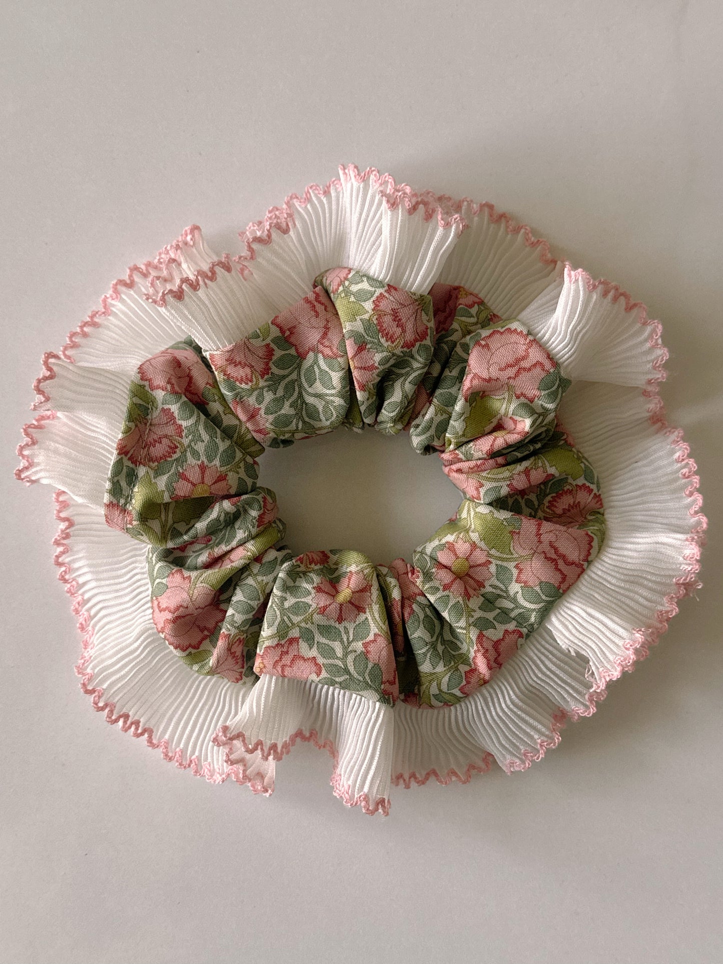 XL Victorian Floral Scrunchie with White and Pink Frill Trim