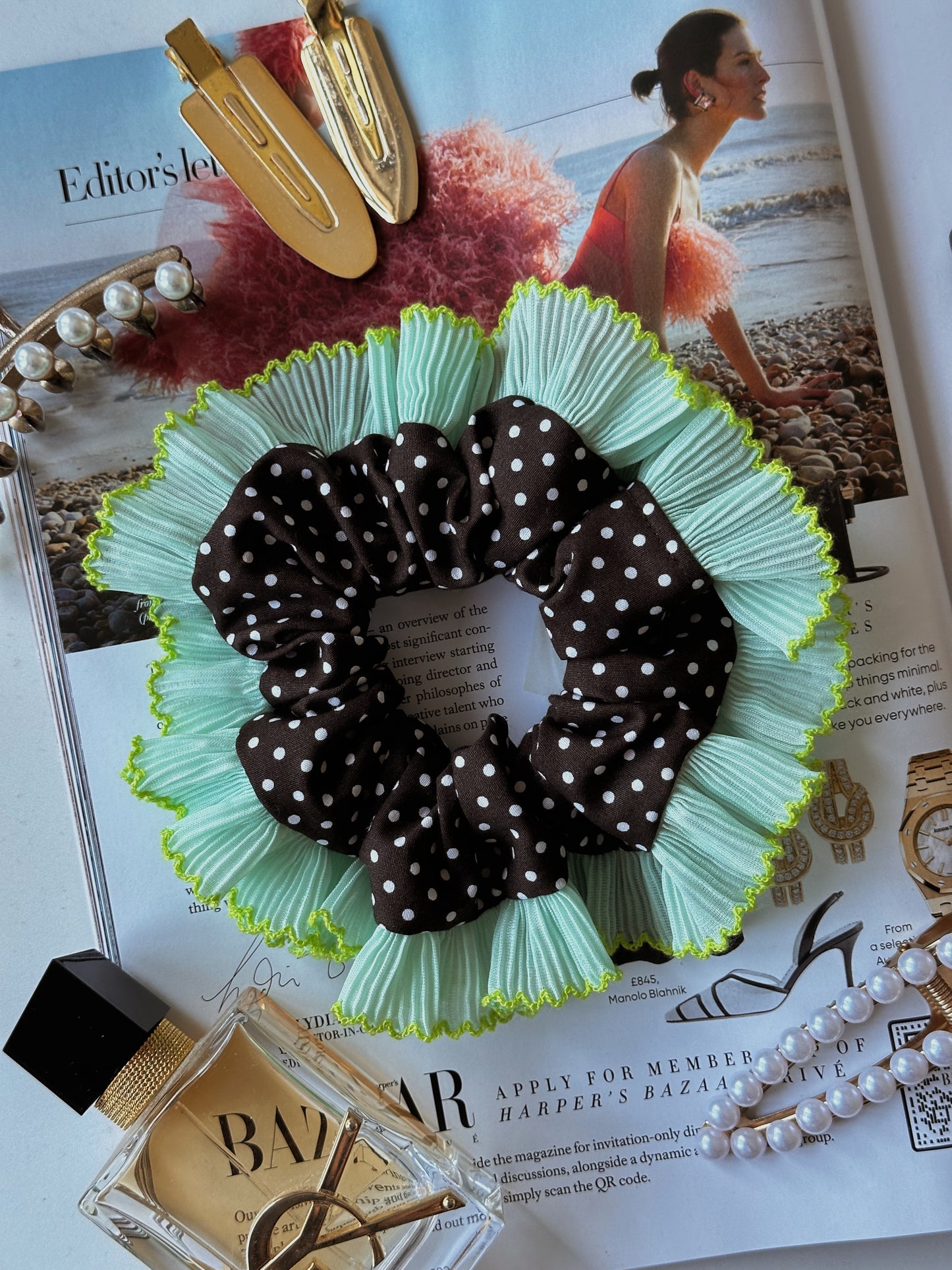Oversized Dark Brown Polkadot Scrunchie with Green Frill Trim