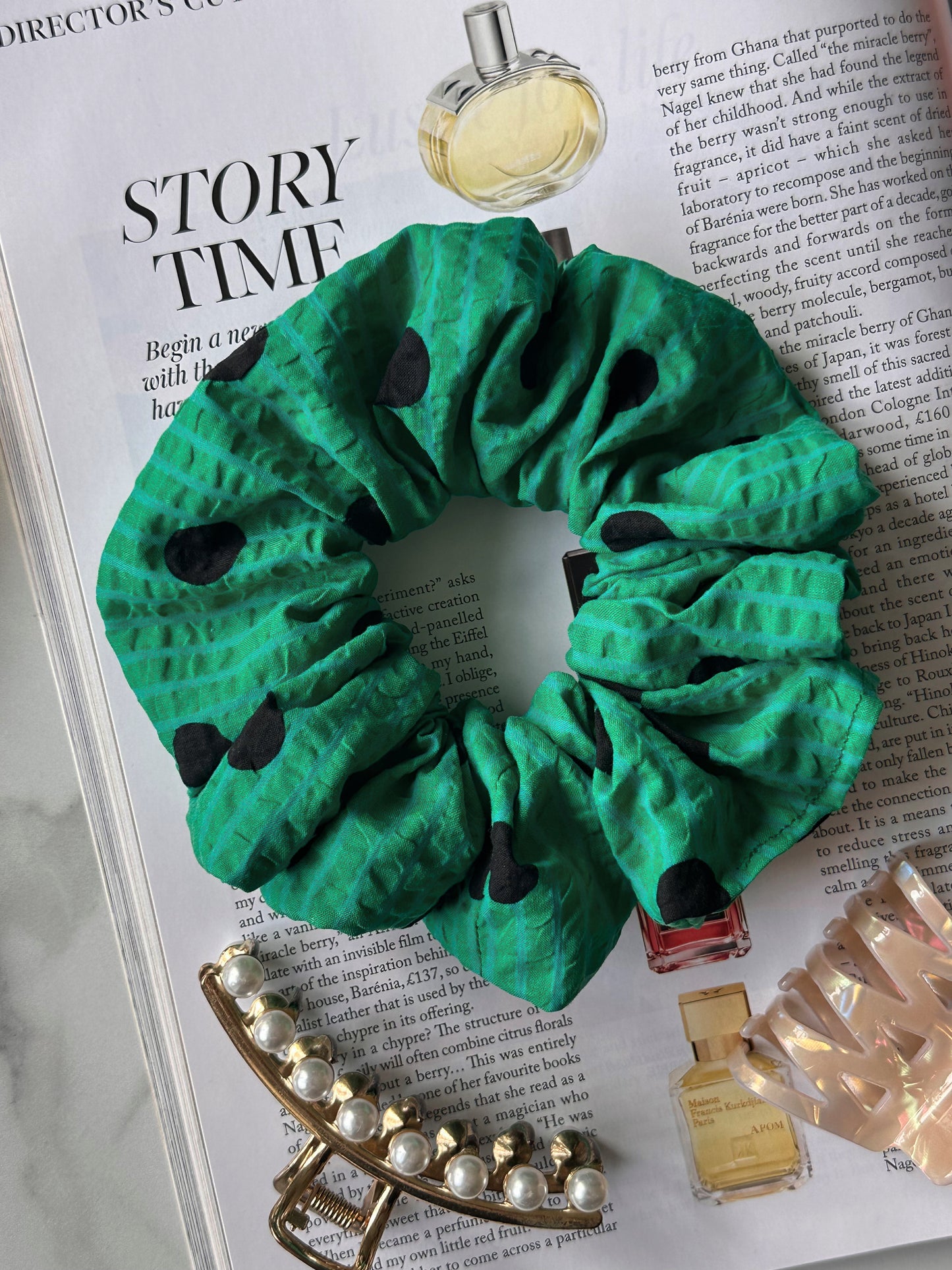 XL Green and Black Polkadot and Striped Scrunchie
