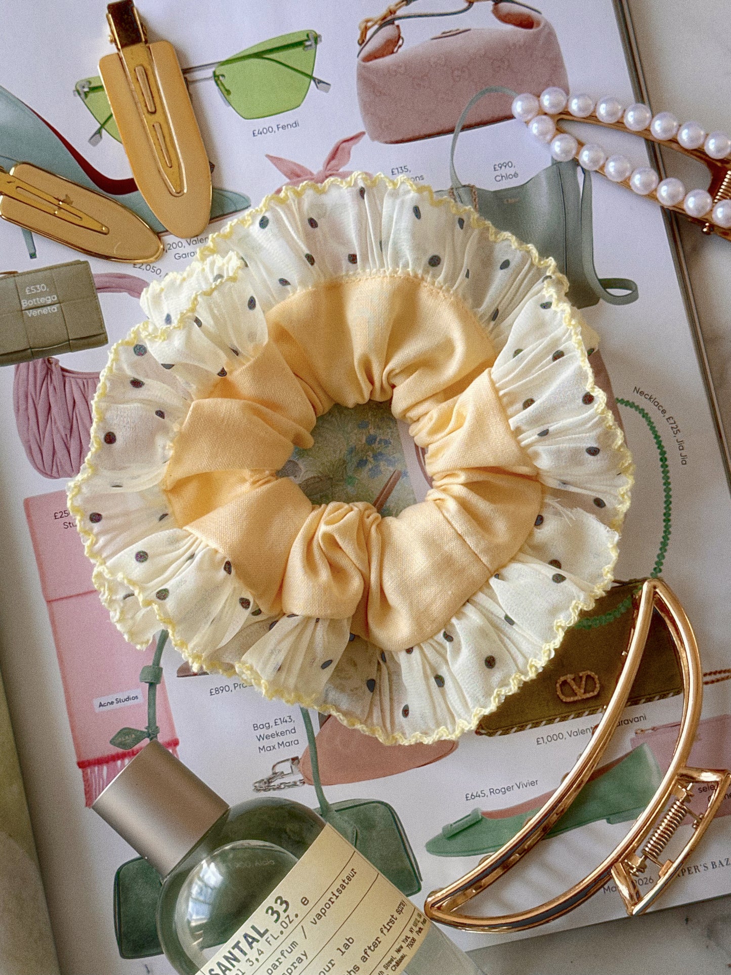 Oversized Butter Yellow Scrunchie with Polkadot Trim