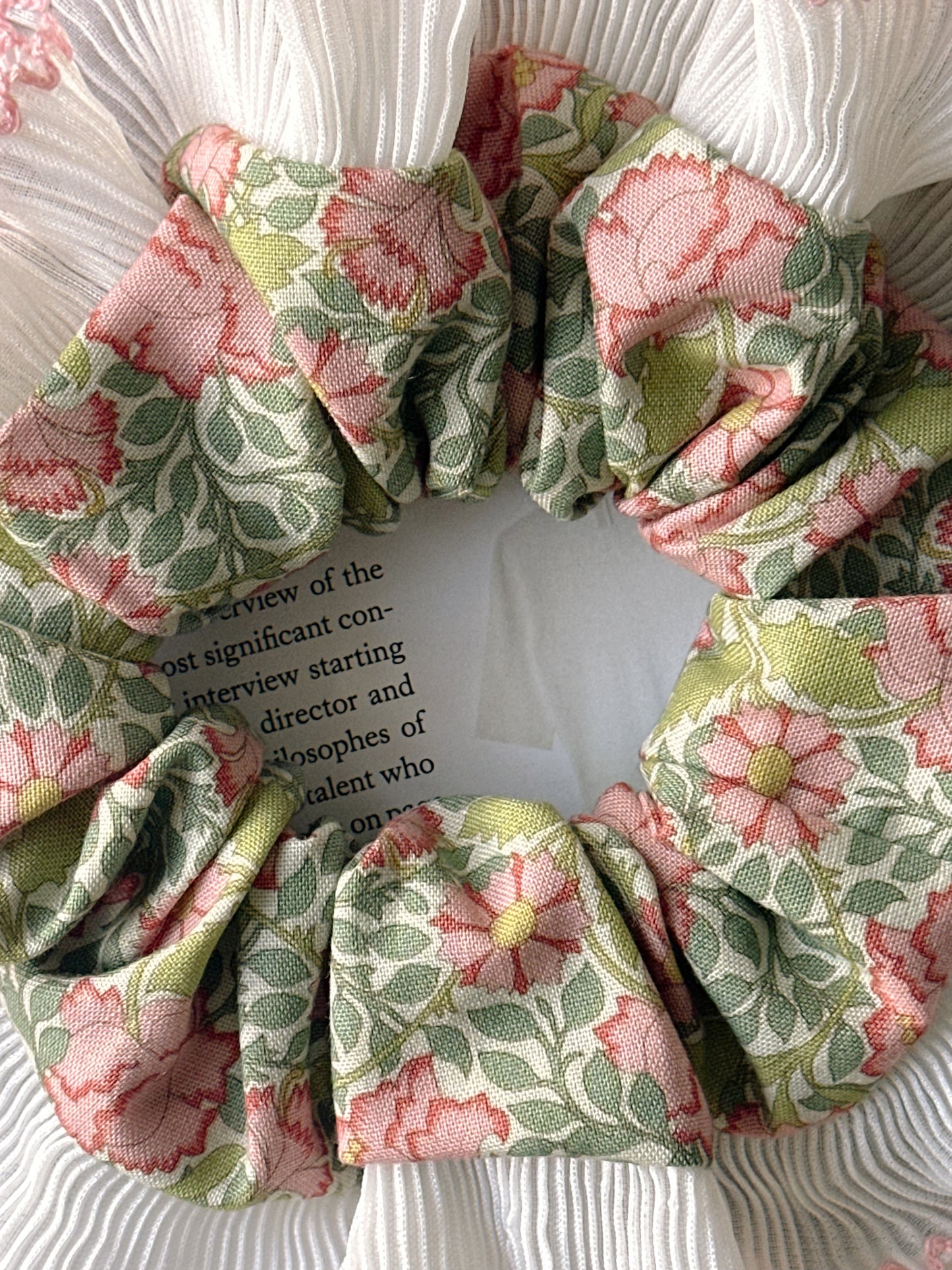 XL Victorian Floral Scrunchie with White and Pink Frill Trim