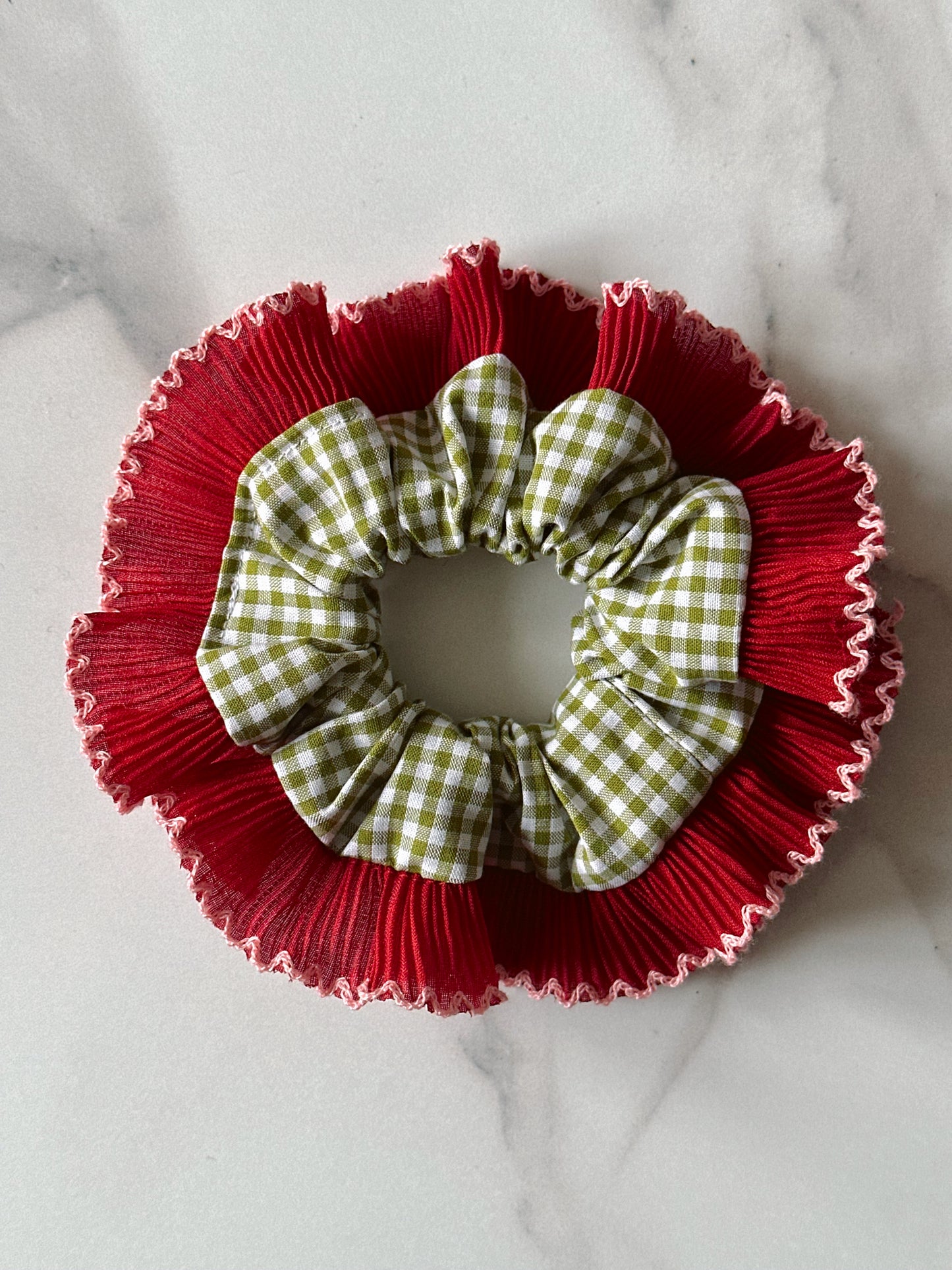 Mini Olive Green Gingham Scrunchie with Red Frill Trim