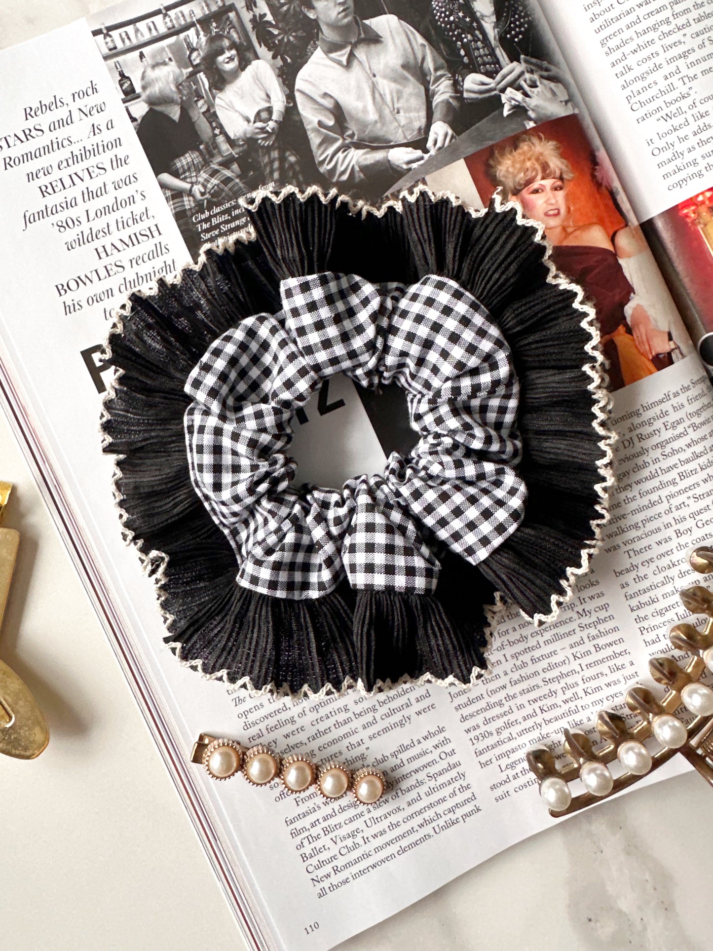 Mini Oversized Black Gingham Scrunchie with Black Frill Trim