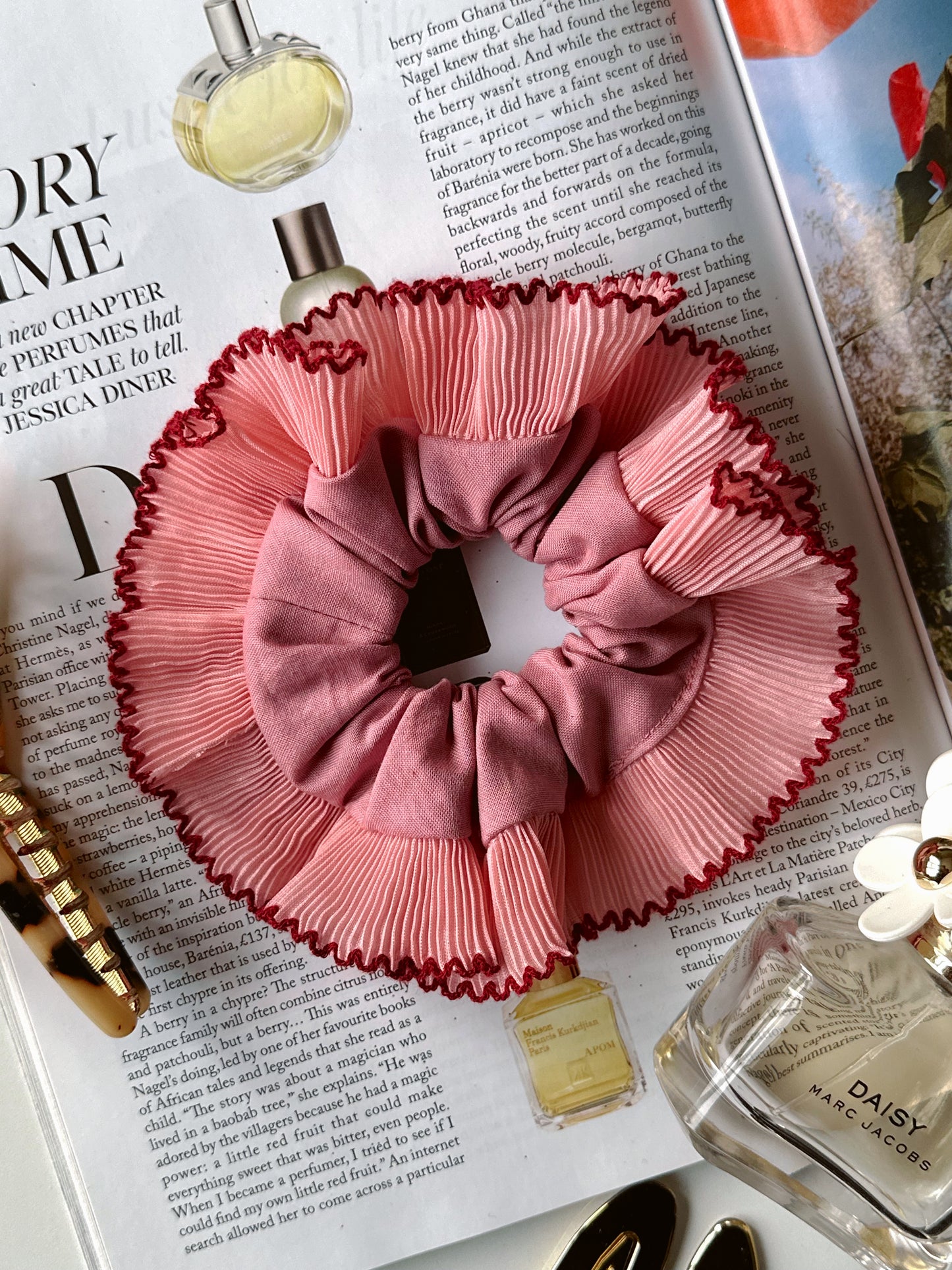 Smaller Oversized Dusk Pink Scrunchie with Pink and Red Frill Trim