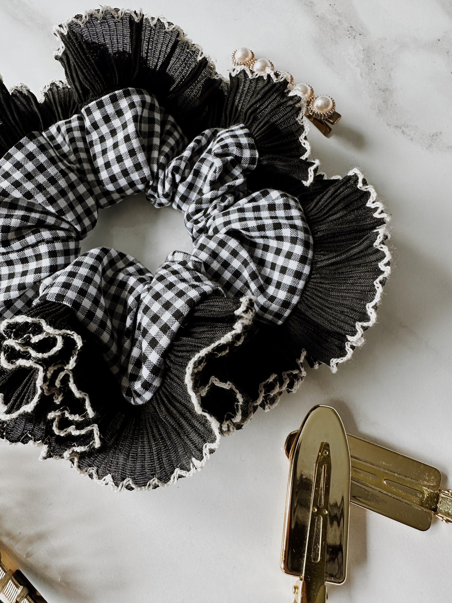 Black Gingham Scrunchie with Black and White Frill Trim