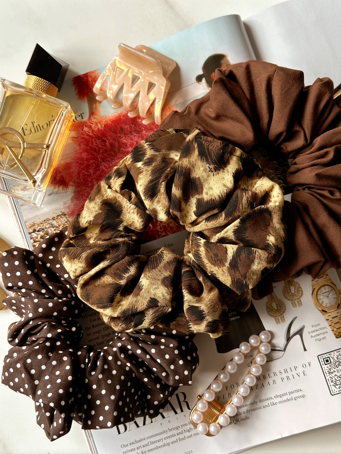 Chocolate & Leopard Print Scrunchie Trio