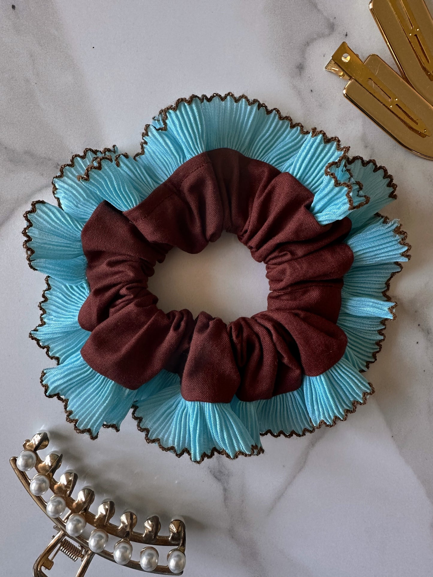 Handmade XL Chocolate Brown Scrunchie with Blue and Brown Frill Trim
