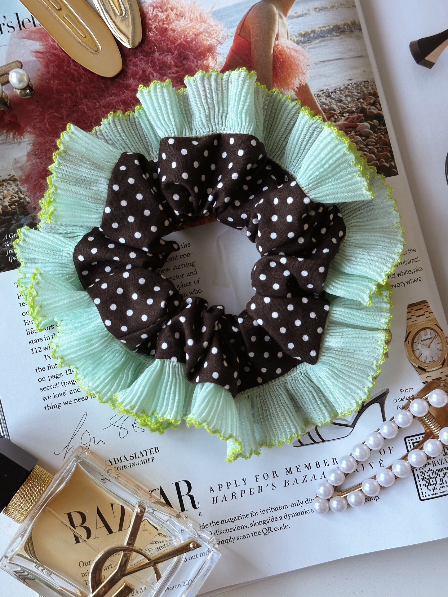 Oversized Dark Brown Polkadot Scrunchie with Green Frill Trim