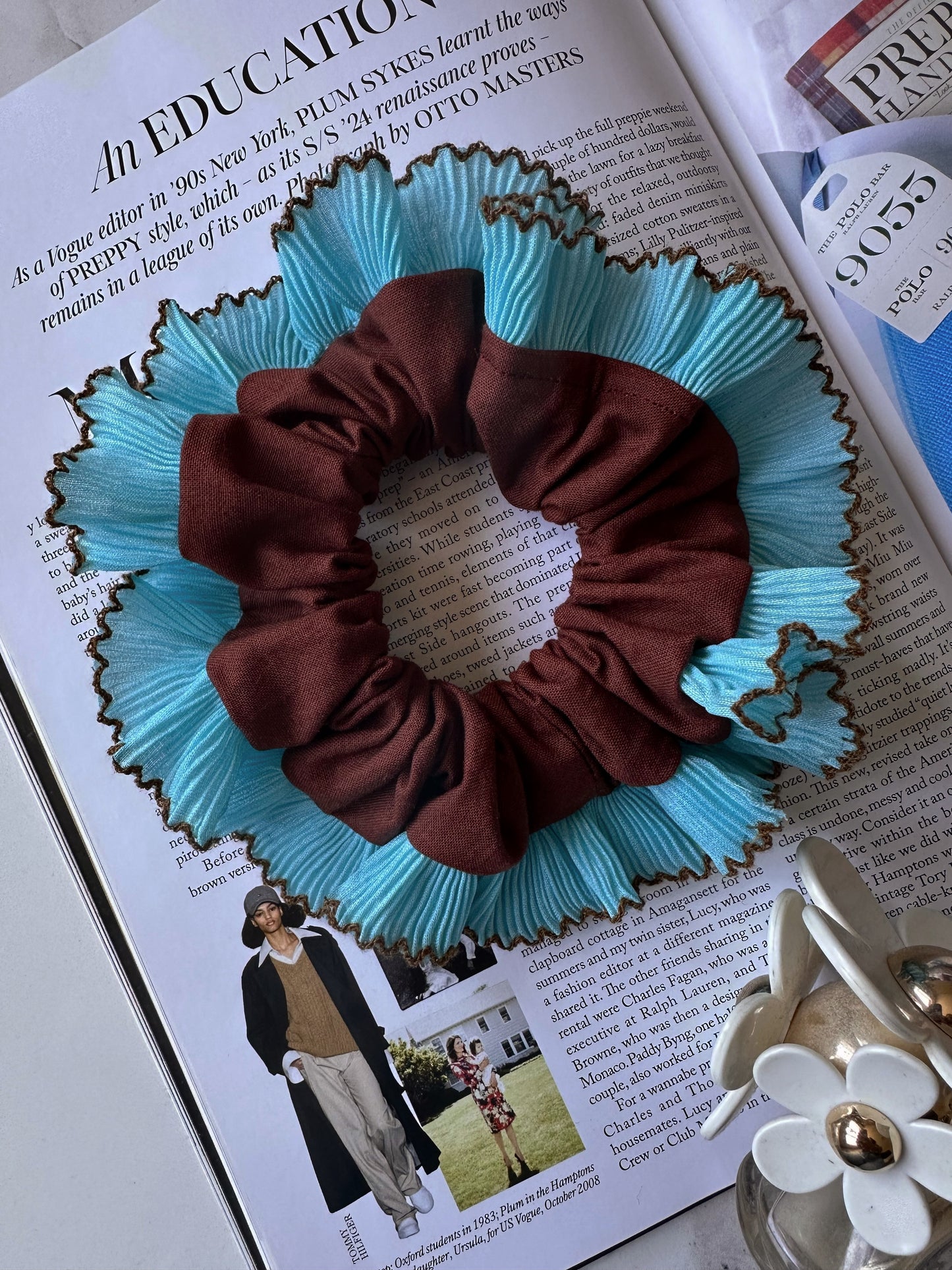 Handmade XL Chocolate Brown Scrunchie with Blue and Brown Frill Trim
