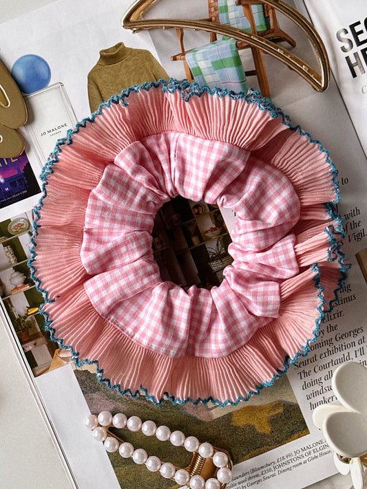 XL Pink Gingham Scrunchie with Pink and Blue Frill Trim