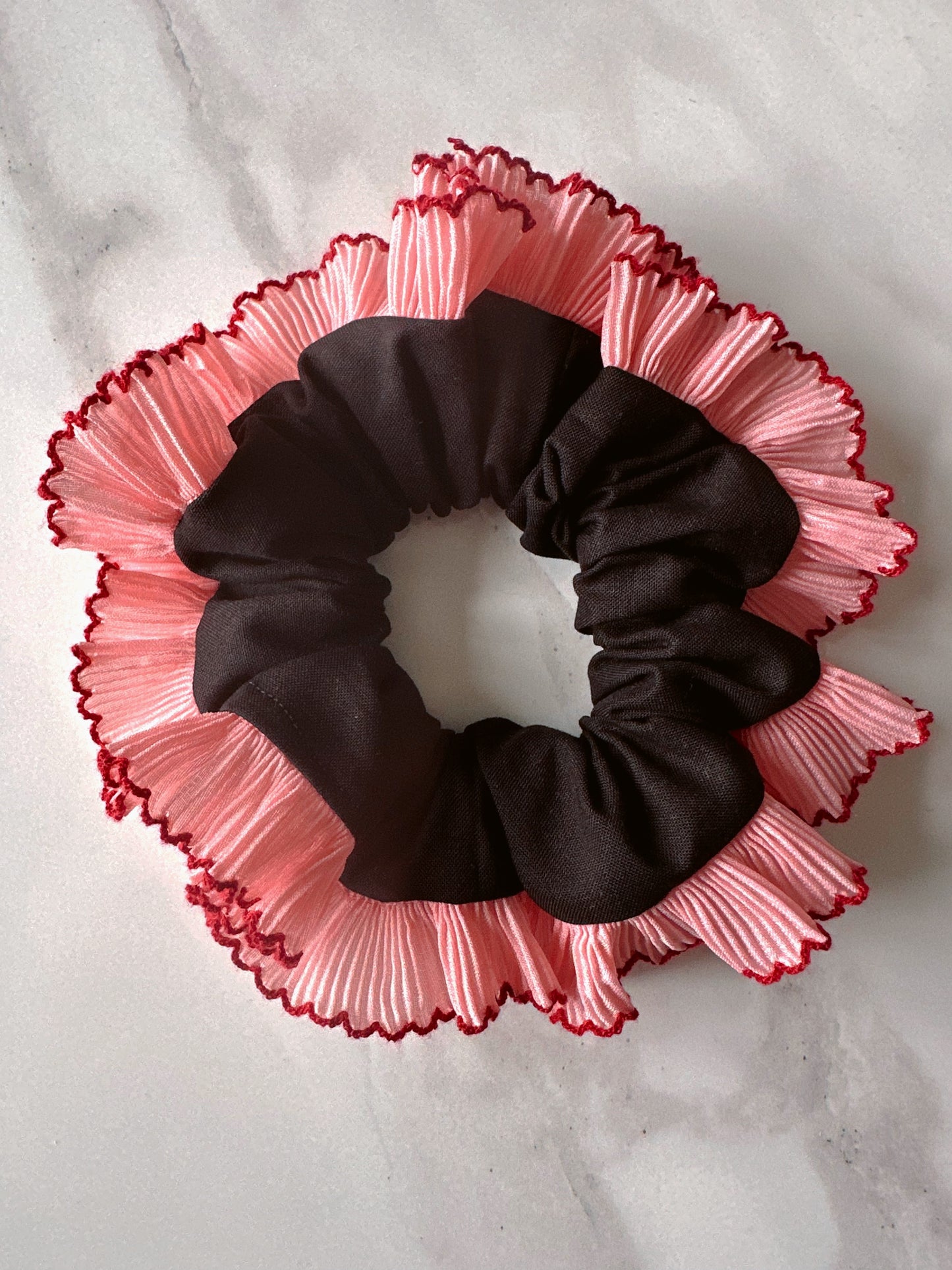 Handmade XL Black Cotton Scrunchie with Pink Frill Trim