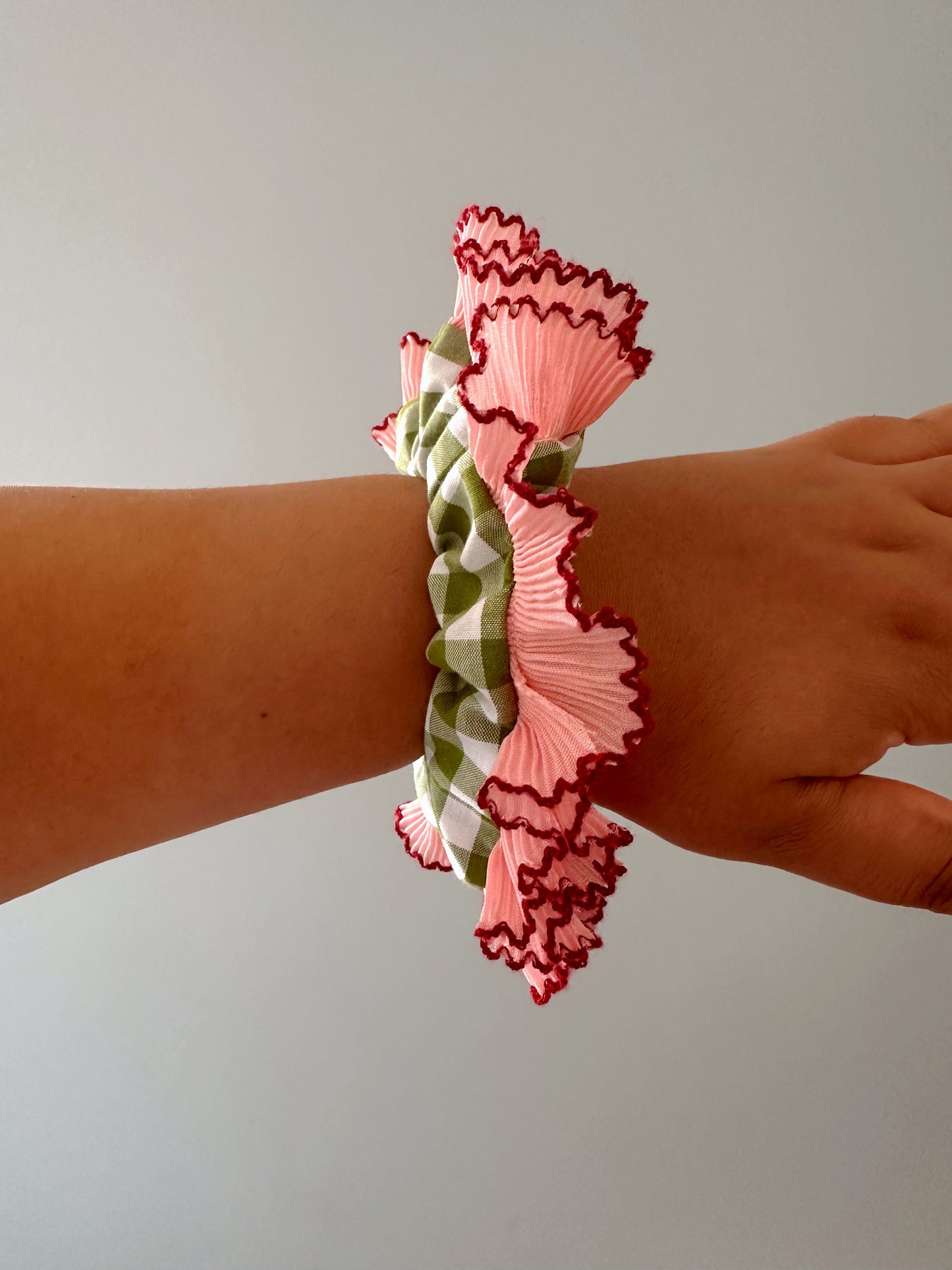 Mini Oversized Olive Green Gingham Scrunchie with Pink Frill Trim