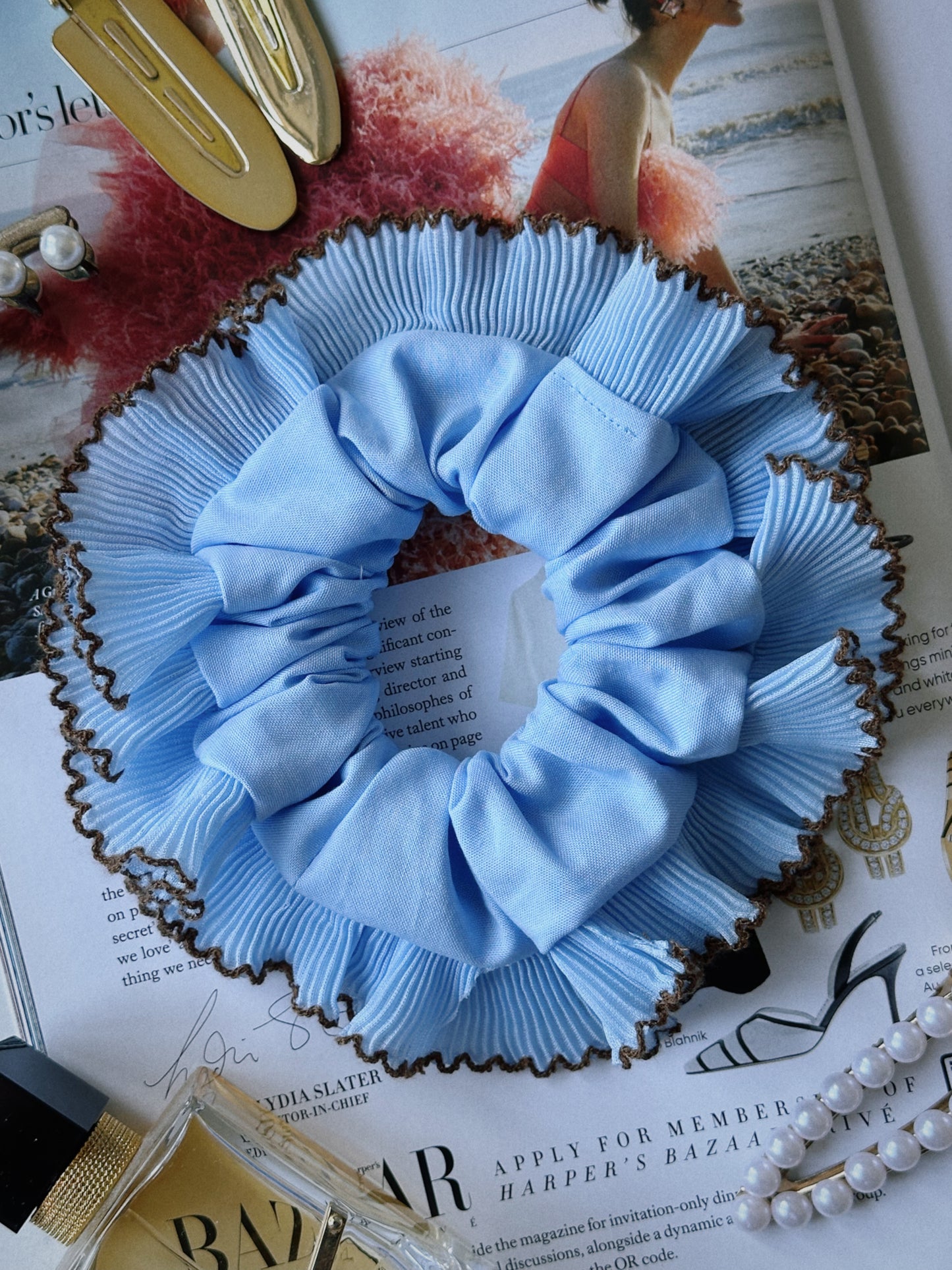 Oversized Light Blue Scrunchie with Baby Blue Frill Trim