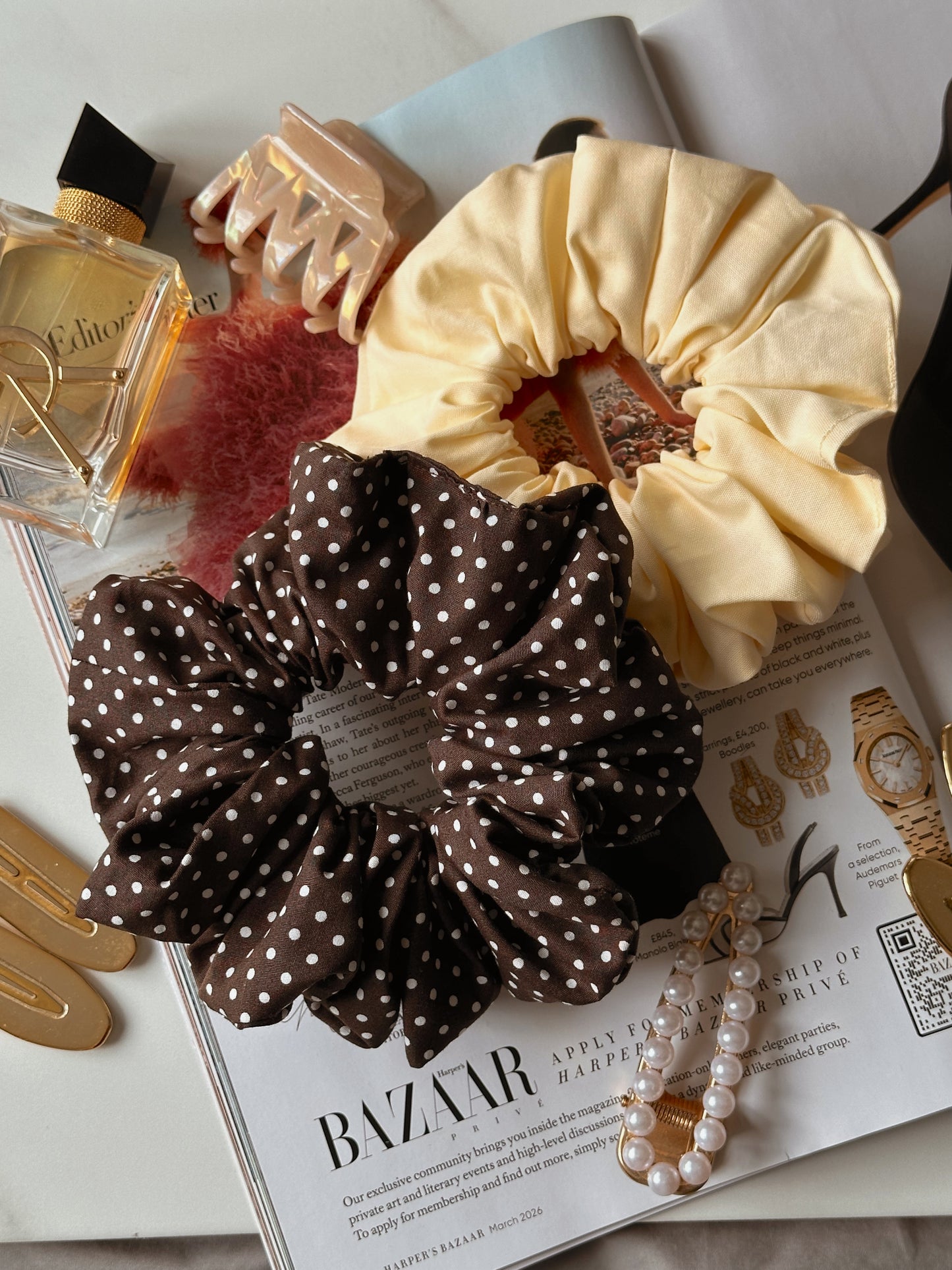 Brown Polkadot & Butter Yellow Scrunchie Duo