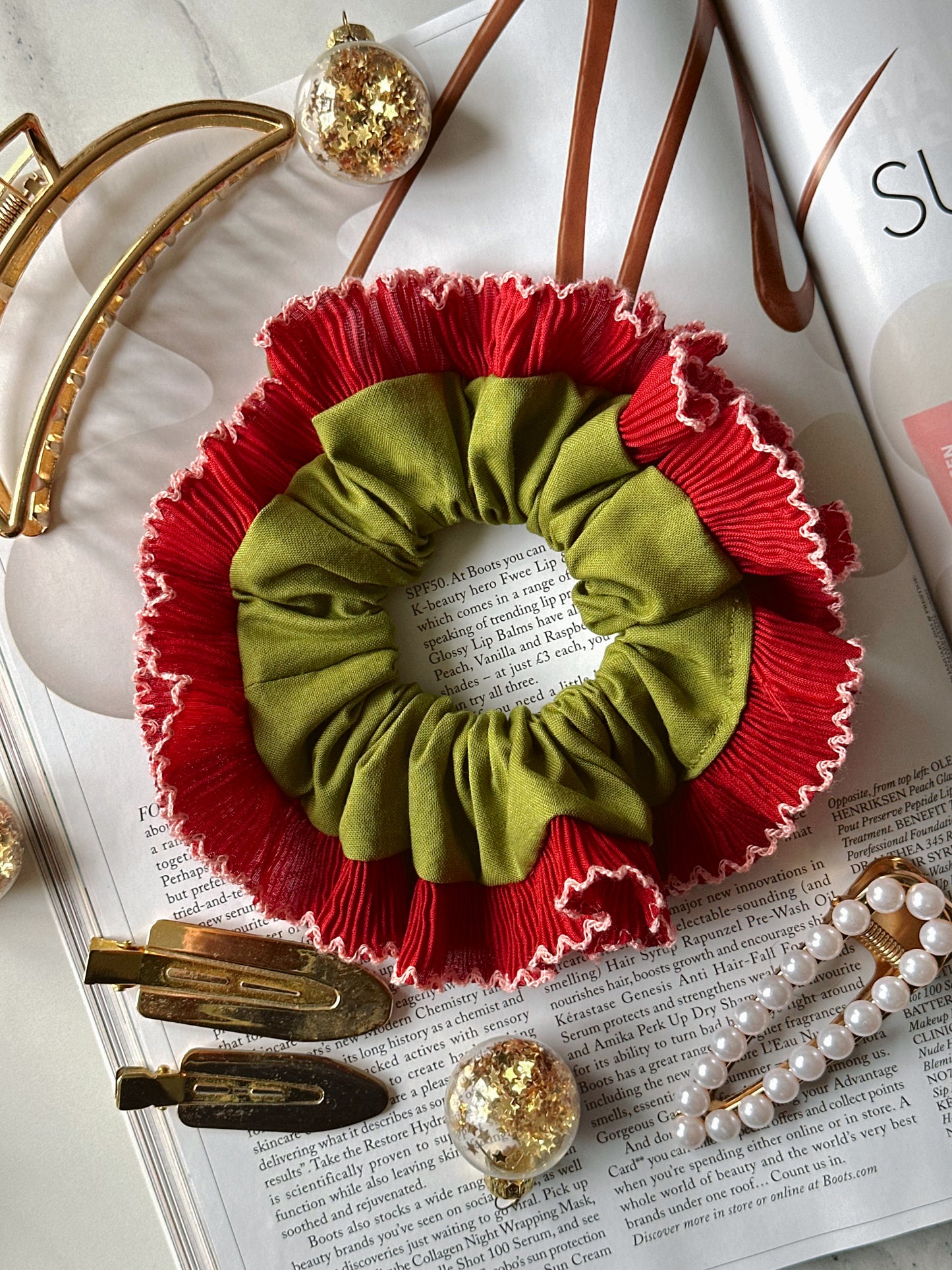 Handmade XL Olive Green Scrunchie with Red Frill Trim