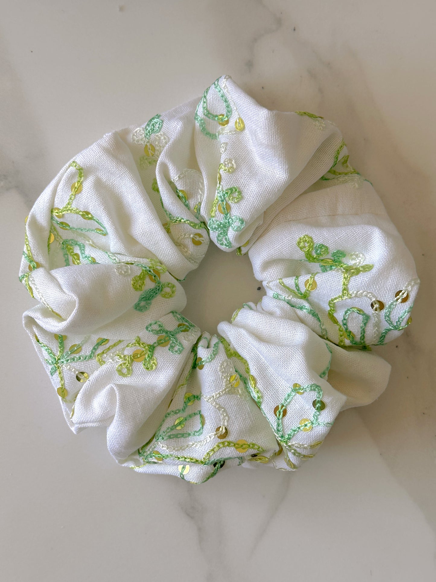 White Linen Scrunchie with Green Sequinned Embroidery