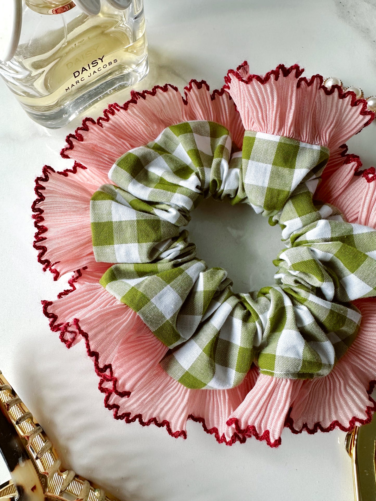 Handmade XL Olive Green Gingham Scrunchie with Pink Frill Trim