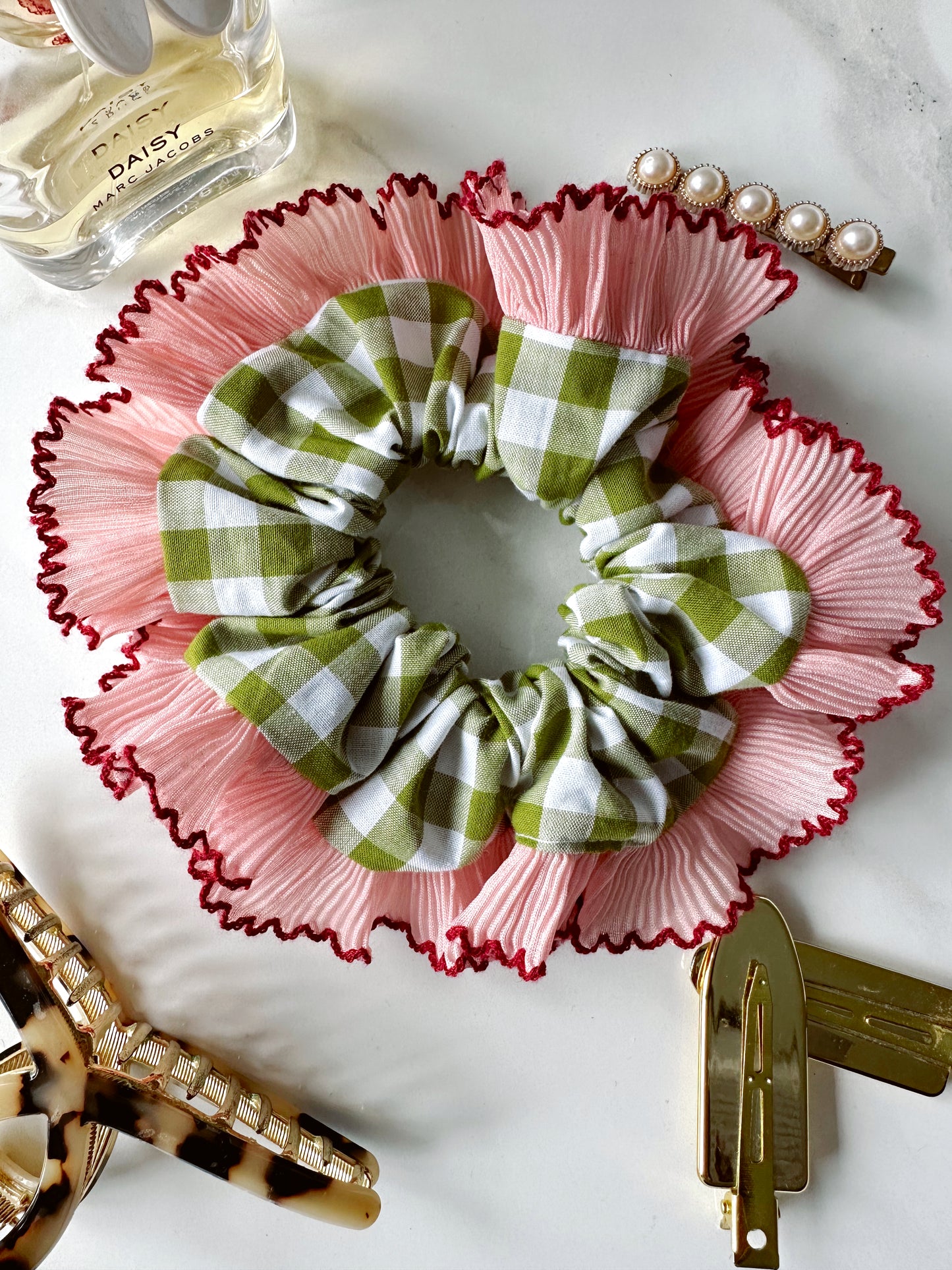 Handmade XL Olive Green Gingham Scrunchie with Pink Frill Trim