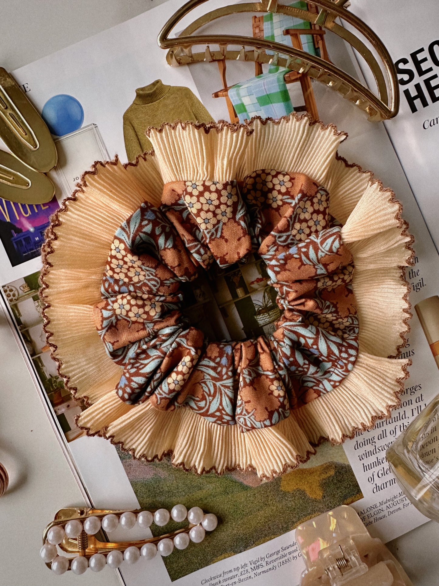 XL Brown Floral Scrunchie with Cream and Brown Frill Trim