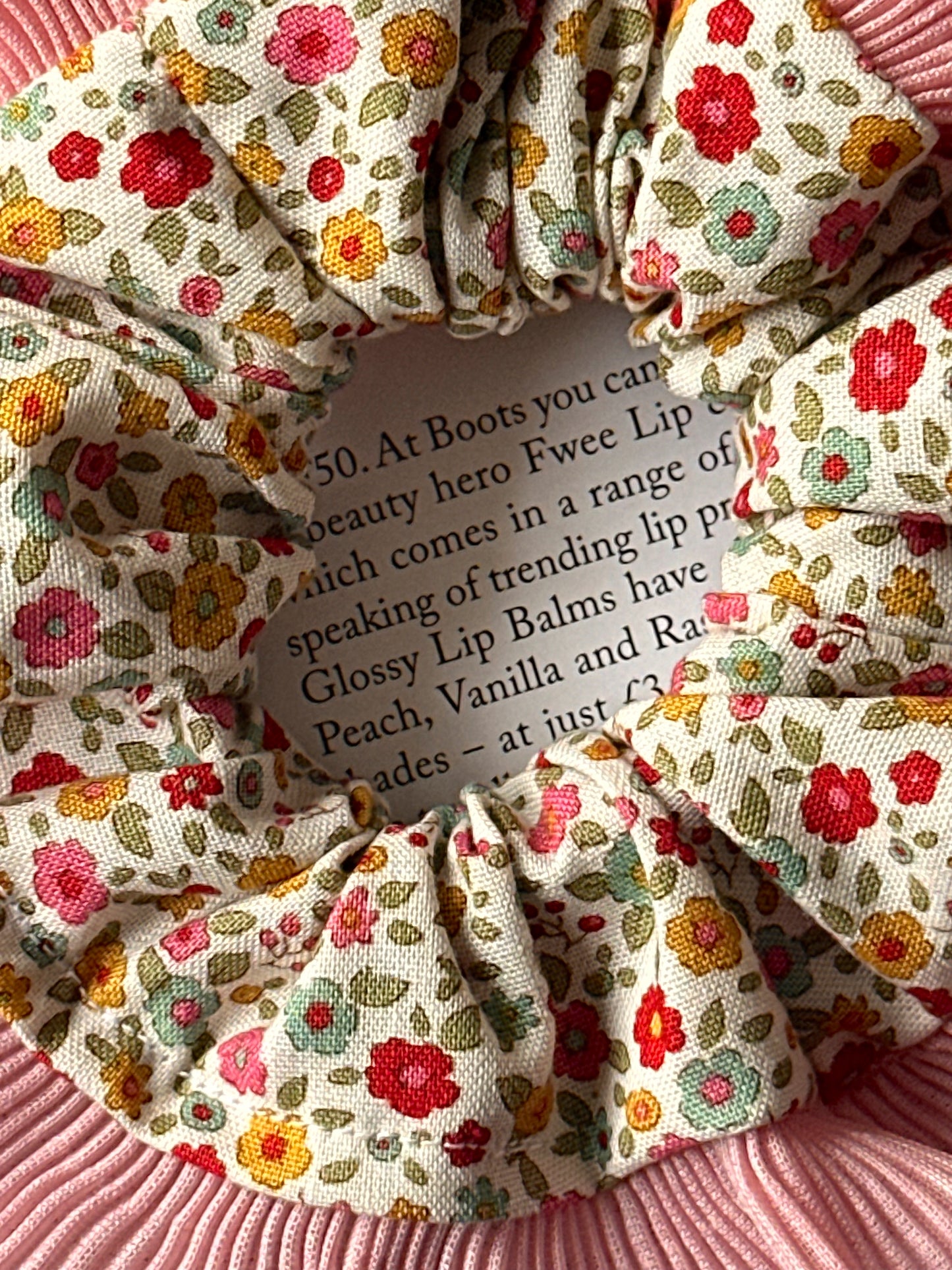 Mini Cream Floral Scrunchie with Pink Frill Trim