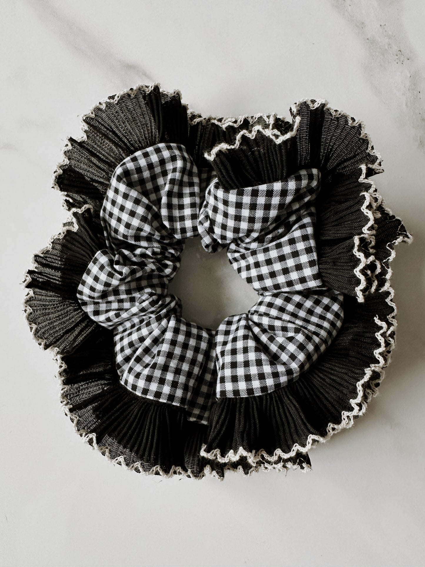 Black Gingham Scrunchie with Black and White Frill Trim