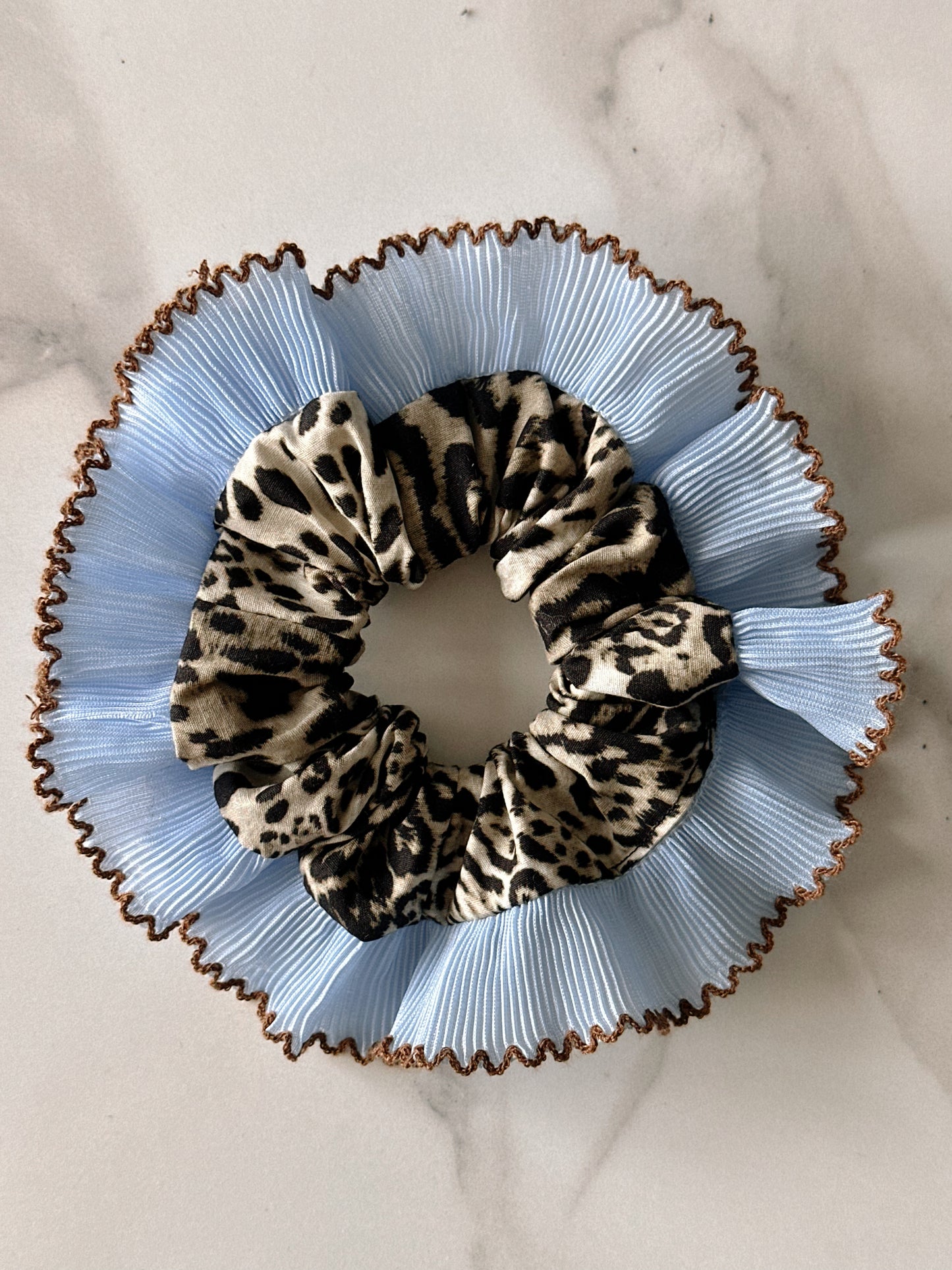 Oversized Leopard Print Scrunchie with Baby Blue Frill Trim