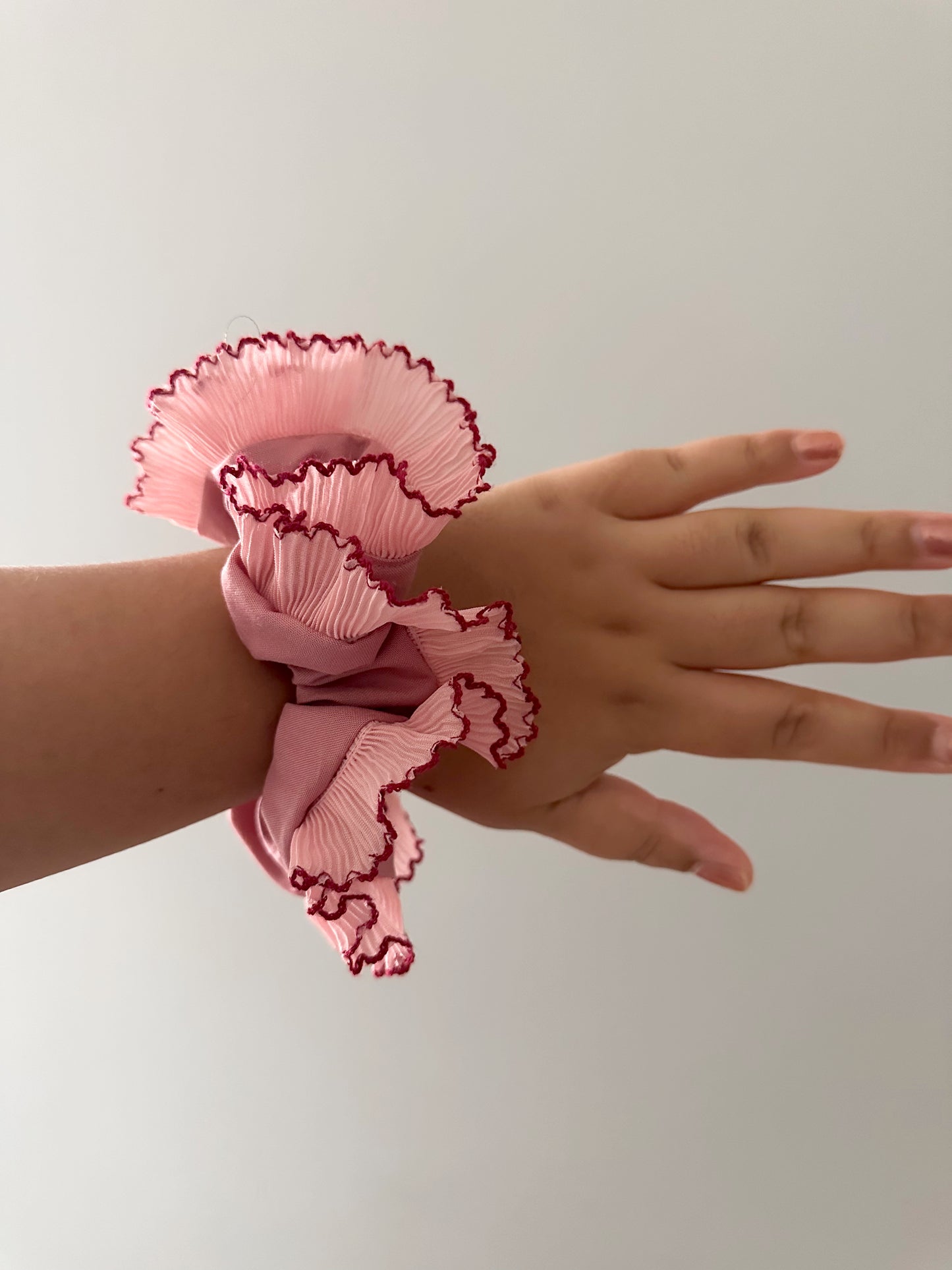XL Dusk Pink Scrunchie with Pink and Red Frill Trim