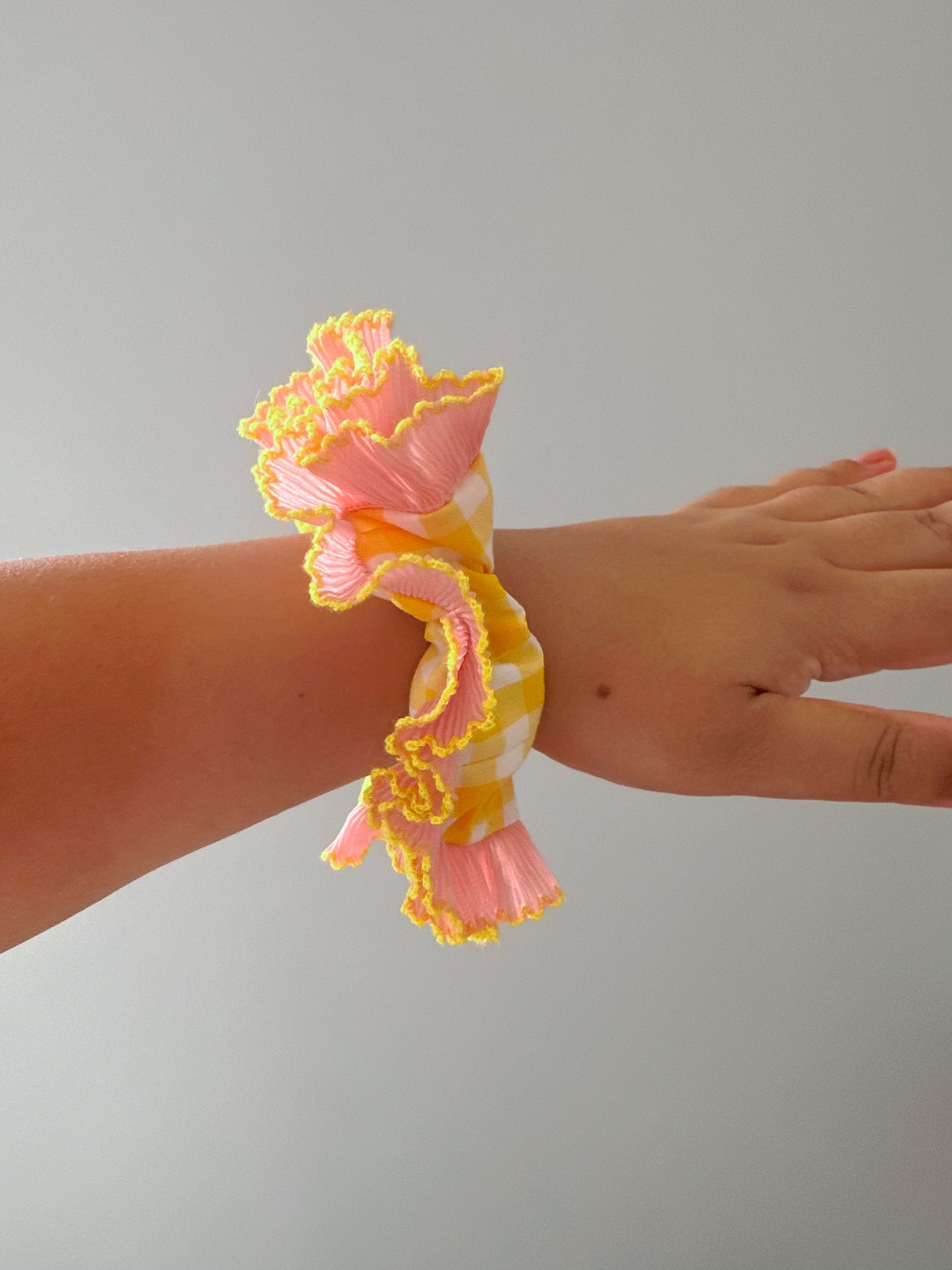 Handmade XL Yellow Gingham Scrunchie with Pink and Yellow Frill Trim