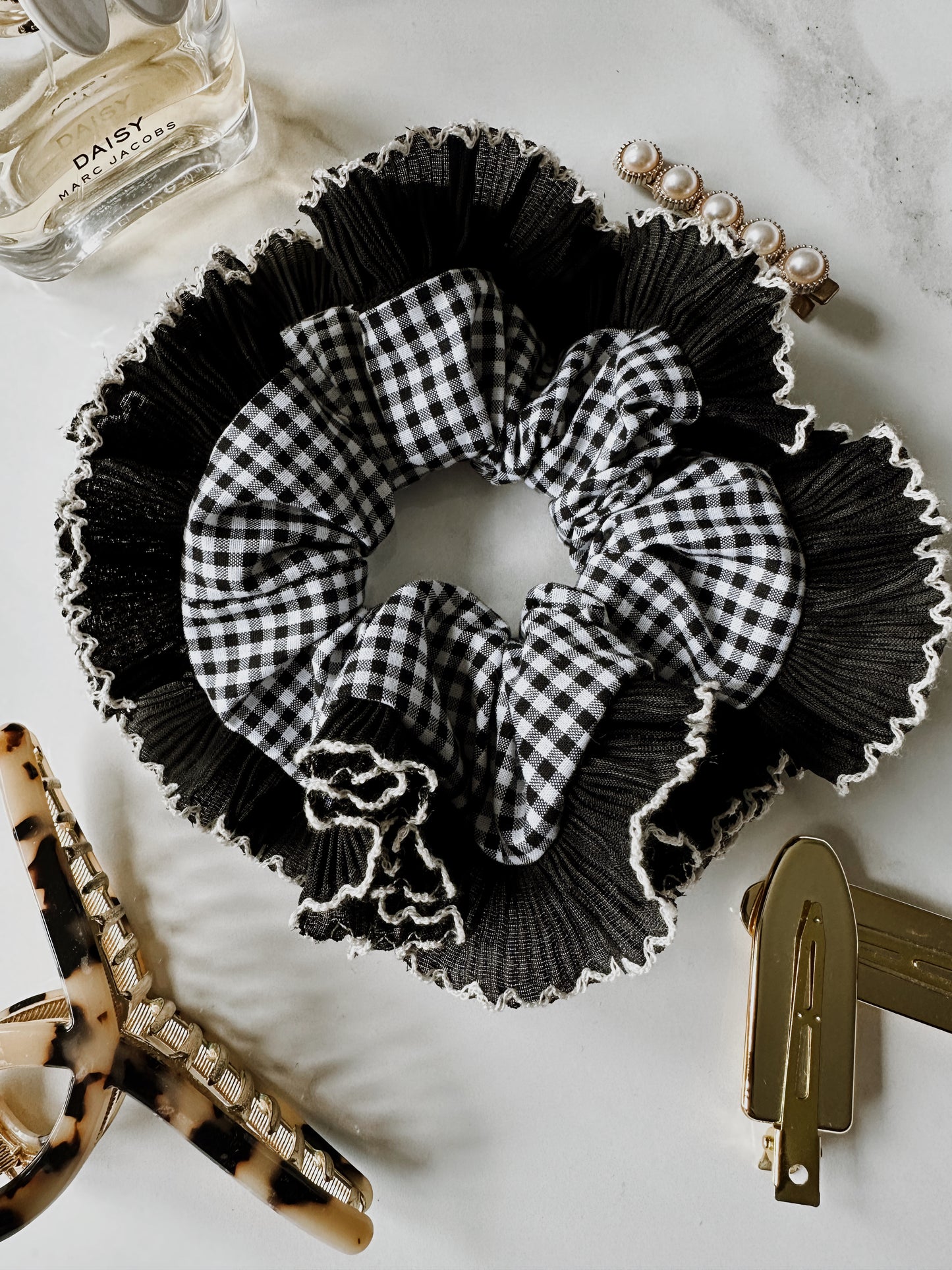 Black Gingham Scrunchie with Black and White Frill Trim