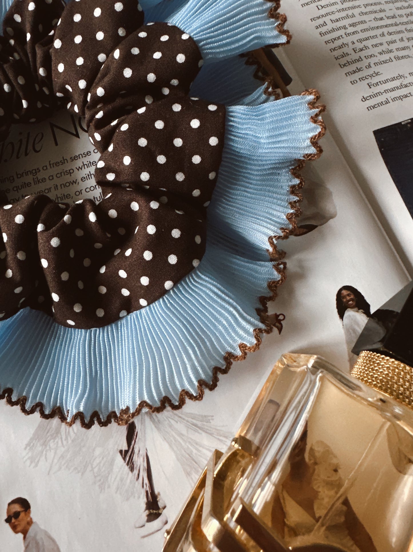 Oversized Dark Brown Polkadot Scrunchie with Baby Blue Frill Trim
