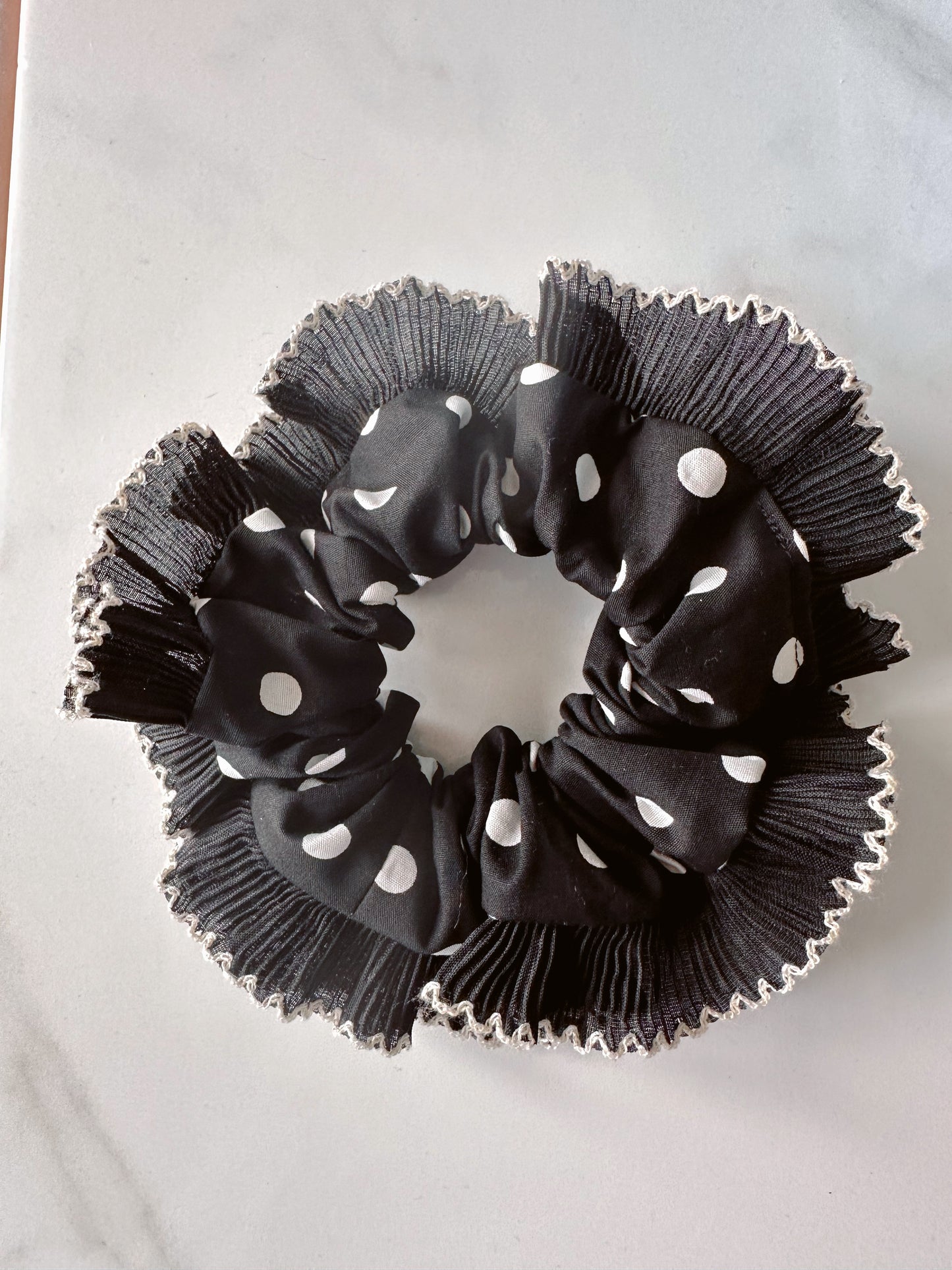 XL Black Polkadot Scrunchie with Black and White Frill Trim
