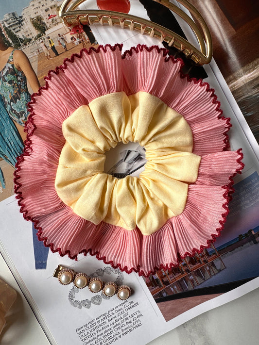 Mini Oversized Butter Yellow Scrunchie with Pink Frill Trim