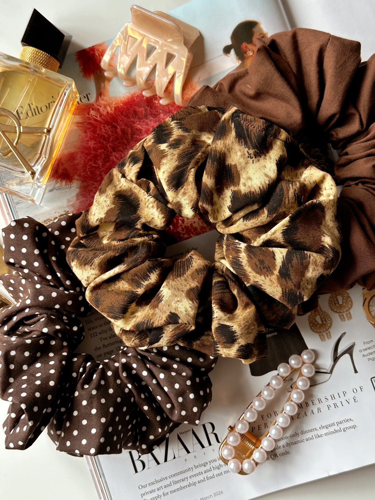 Chocolate & Leopard Print Scrunchie Trio
