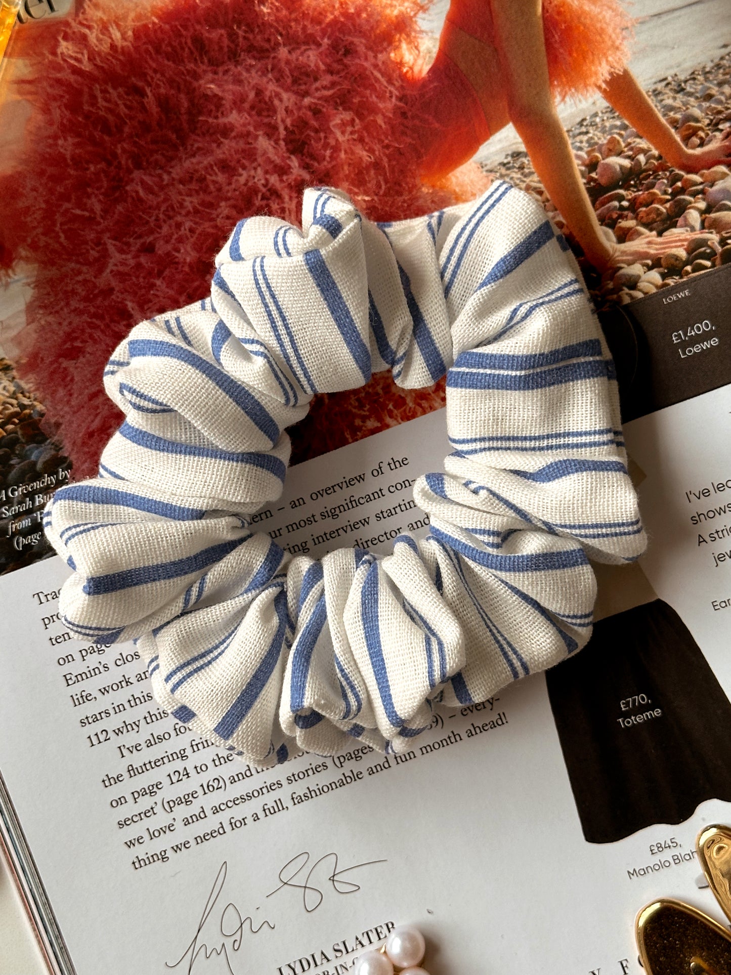 Blue & White Striped Linen Scrunchie