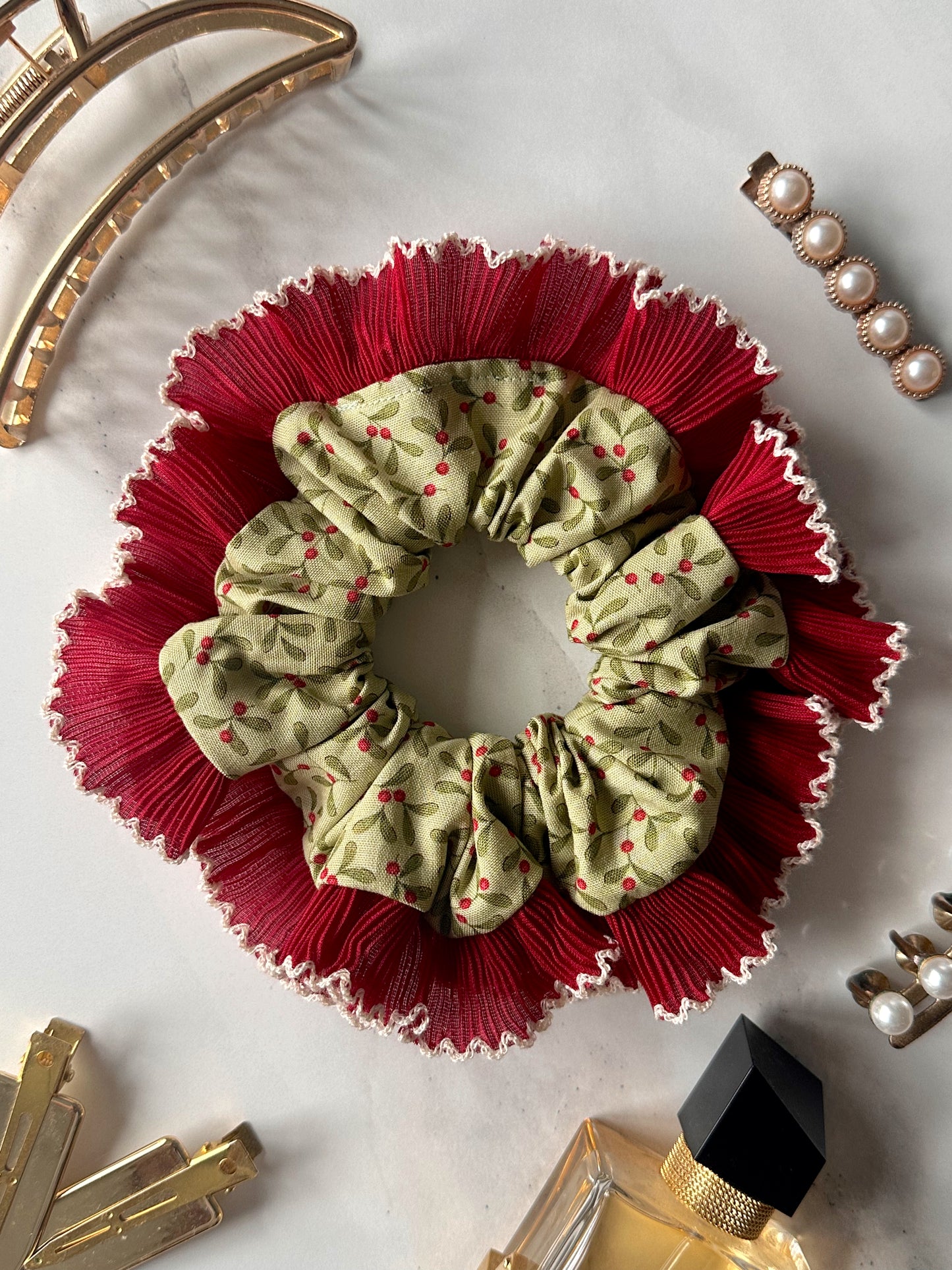 Mistletoe Merry Little Christmas Scrunchie with Red and White Frill Trim