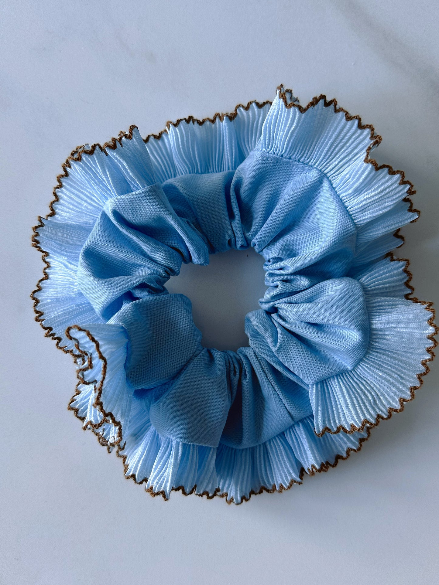 Handmade XL Light Blue Ruffle Scrunchie with Brown Trim