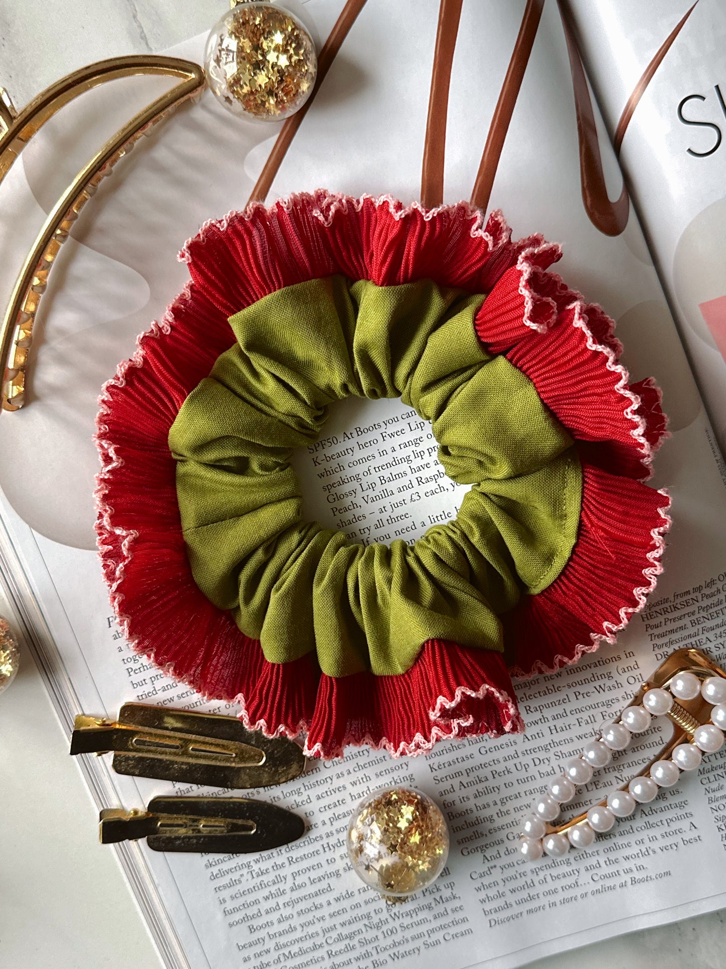 Handmade XL Olive Green Scrunchie with Red Frill Trim